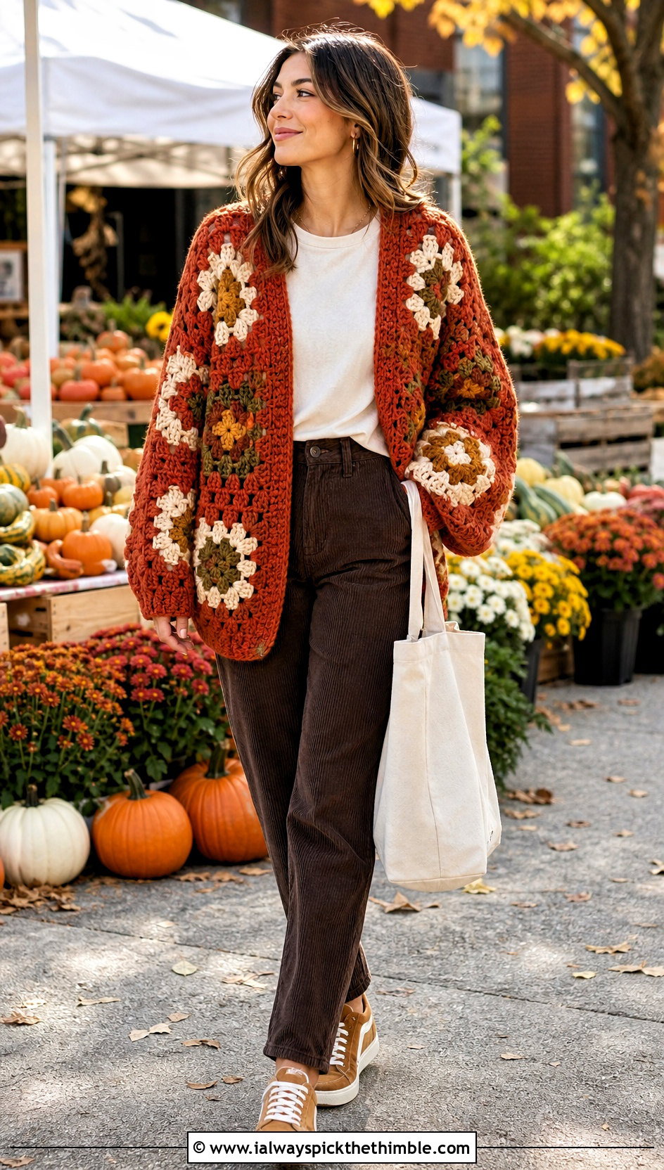 Chunky Giant Granny Square Cardigan With Corduroy Pants - 25 giant granny square cardigan outfit ideas