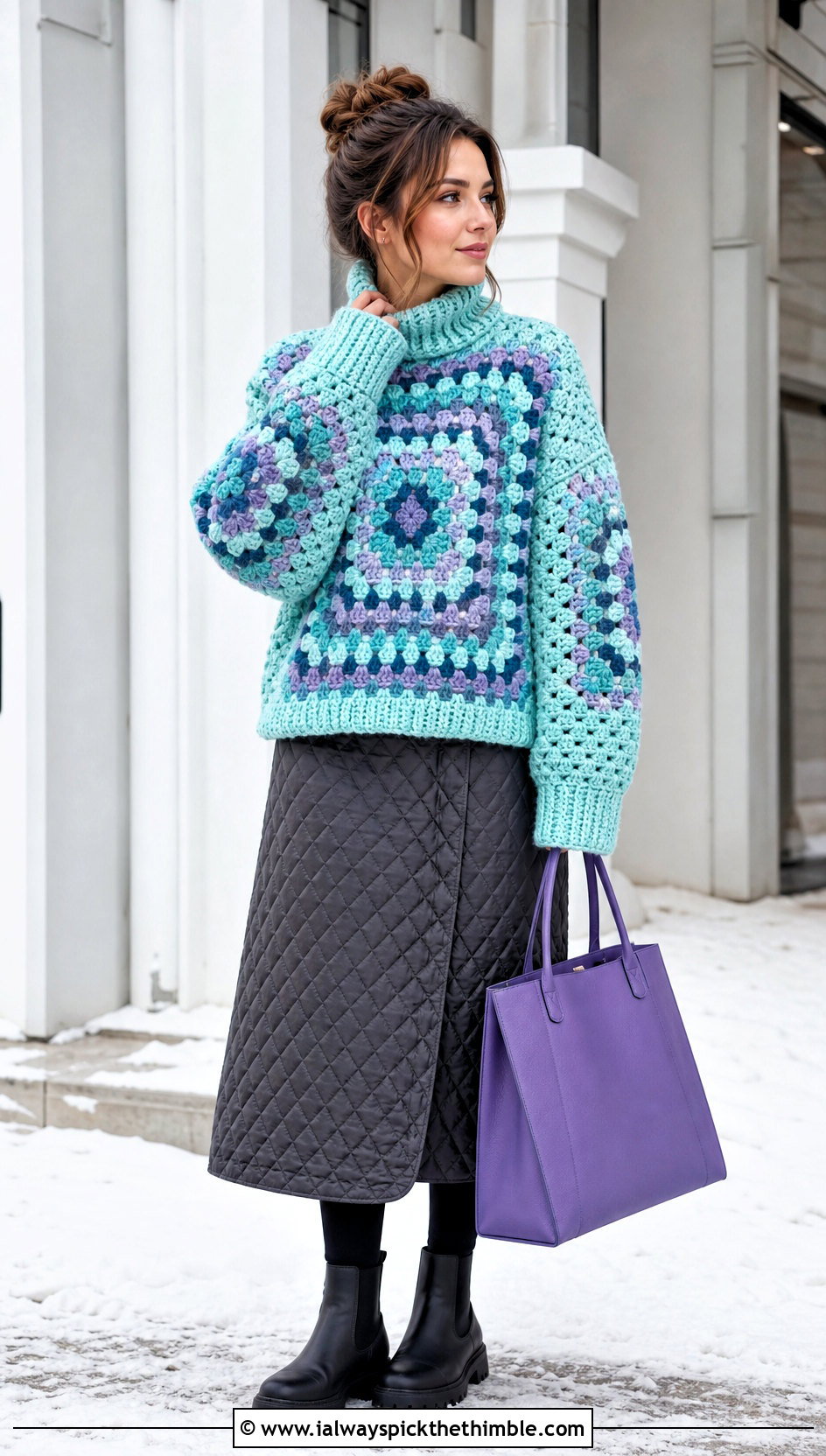 Chunky Giant Granny Square Sweater With Quilted Midi Skirt - 20 giant granny square sweater outfit ideas