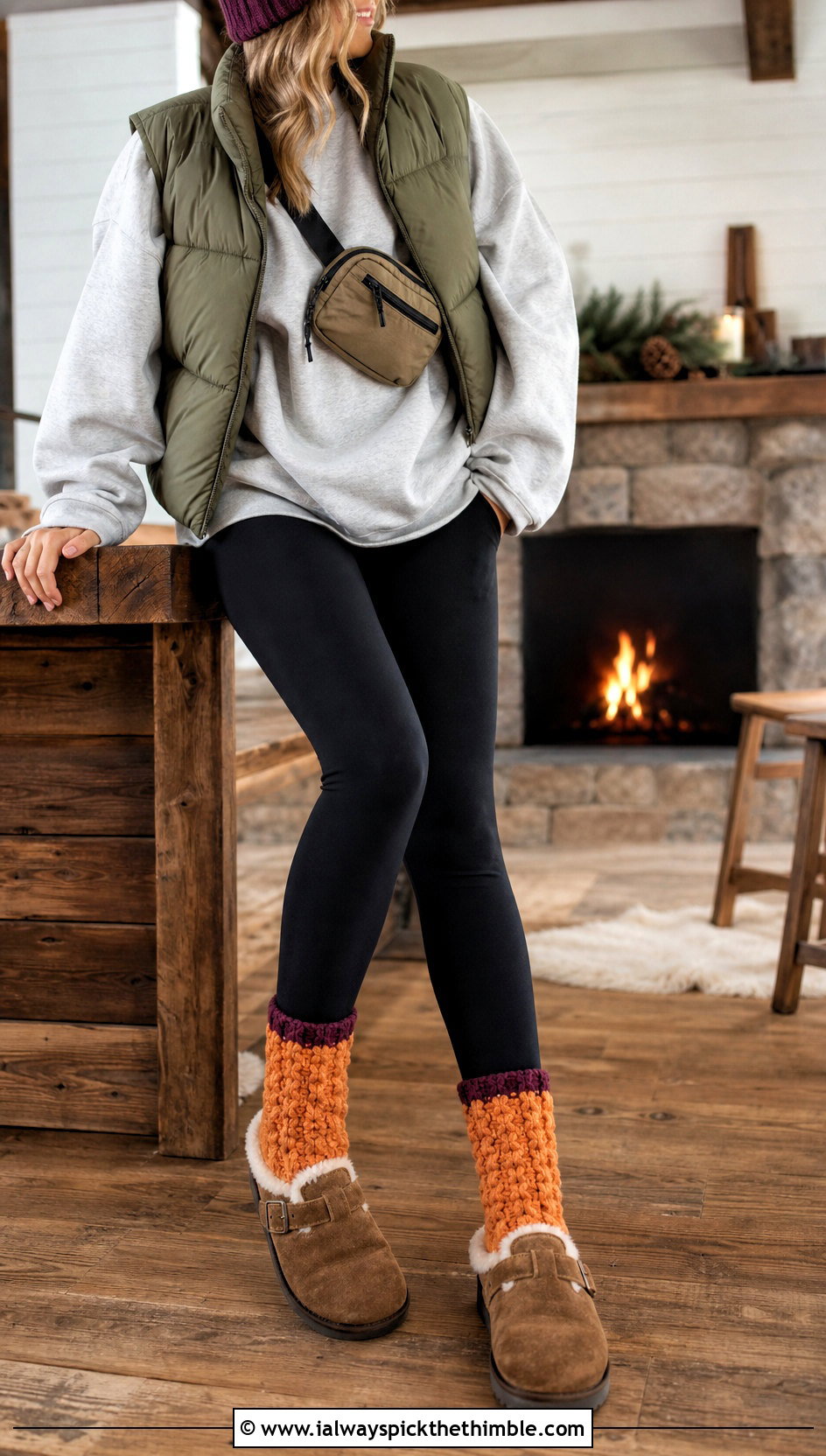Chunky Granny Bed Socks With Leggings And Puffer Vest - 20 Crochet Granny Socks outfit ideas