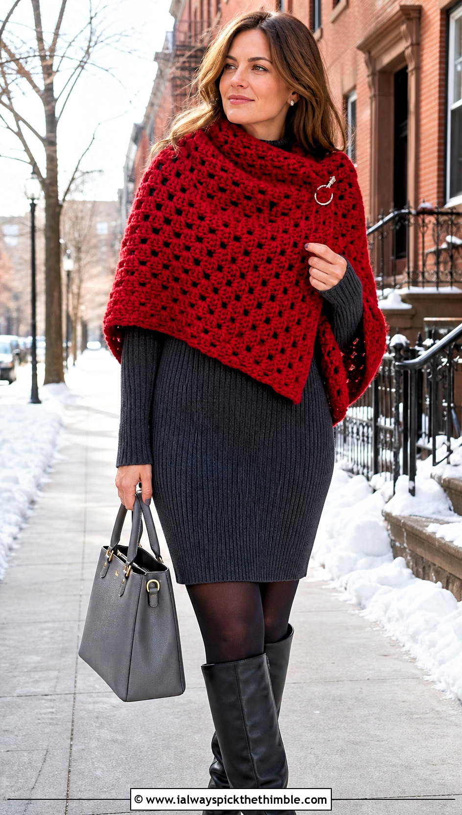 Chunky Granny Shawl With Sweater Dress - 15 Granny Crochet Shawl outfit ideas