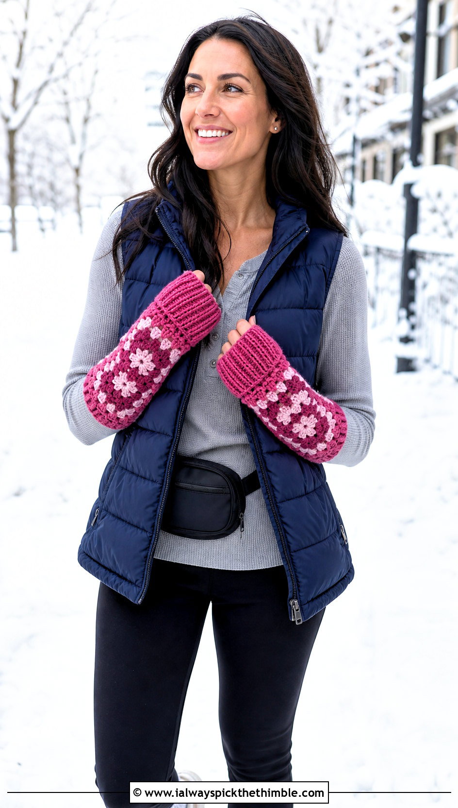 Chunky Granny Square Arm Warmers With Puffer Vest - 20 Granny Square Arm Warmers outfit ideas