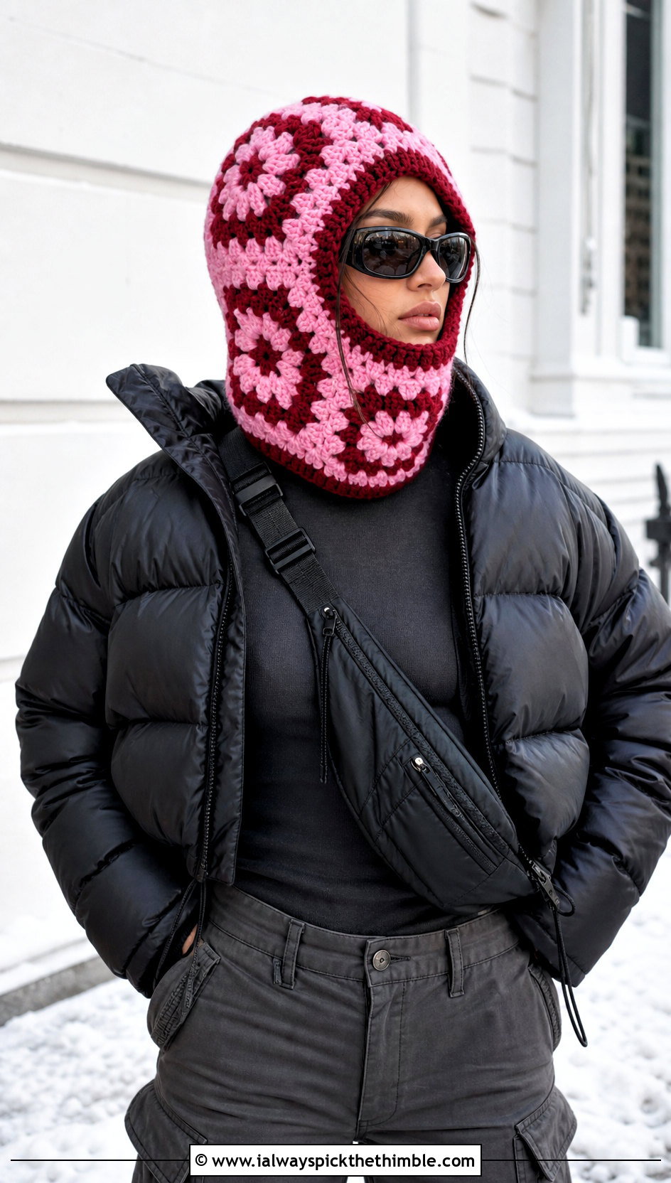 Chunky Granny Square Balaclava With Puffer Jacket - 20 crochet granny square balaclava outfit ideas