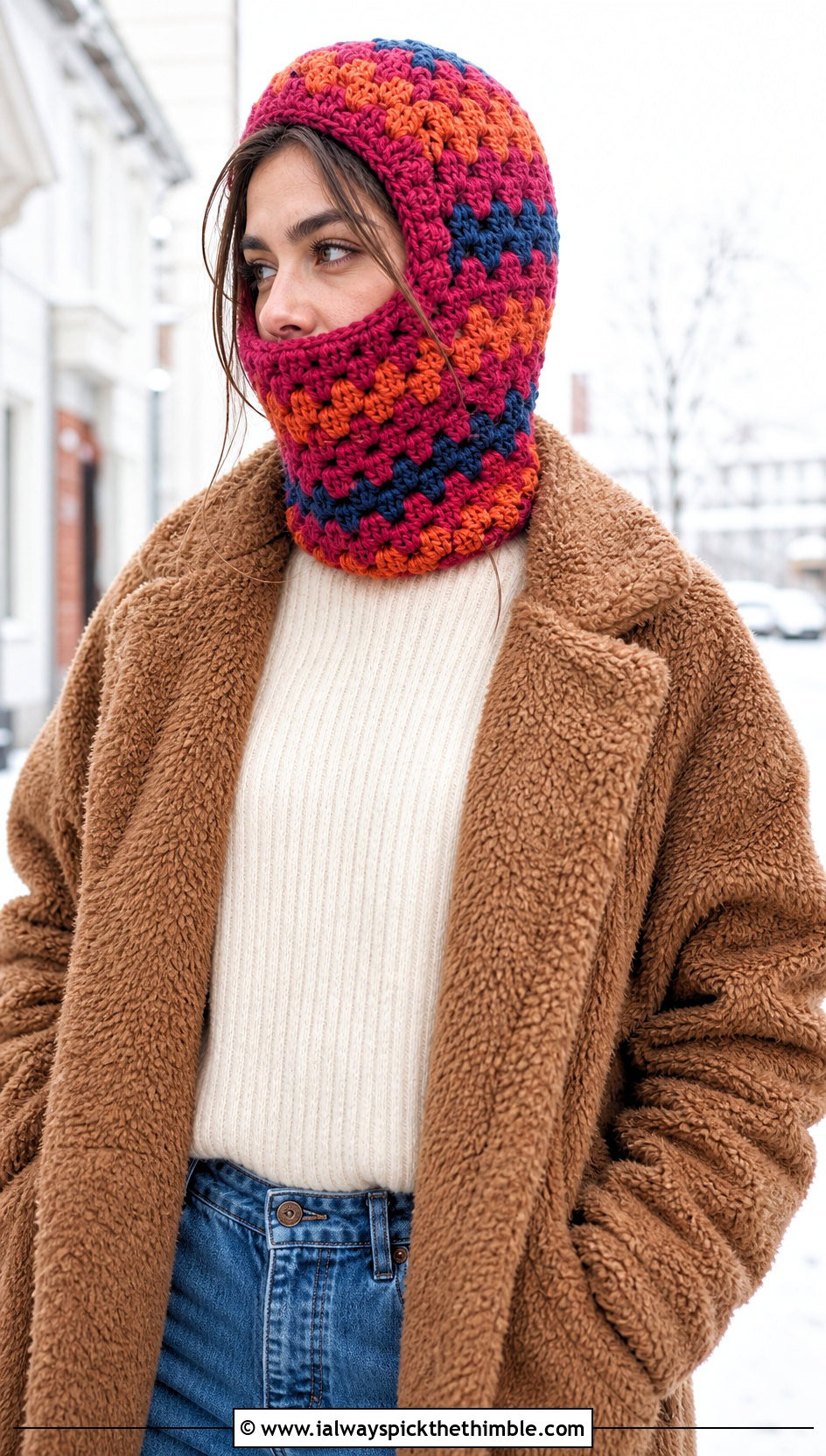 Chunky Granny Square Balaclava With Teddy Coat And Wide Leg Jeans - 25 granny square balaclava outfit ideas