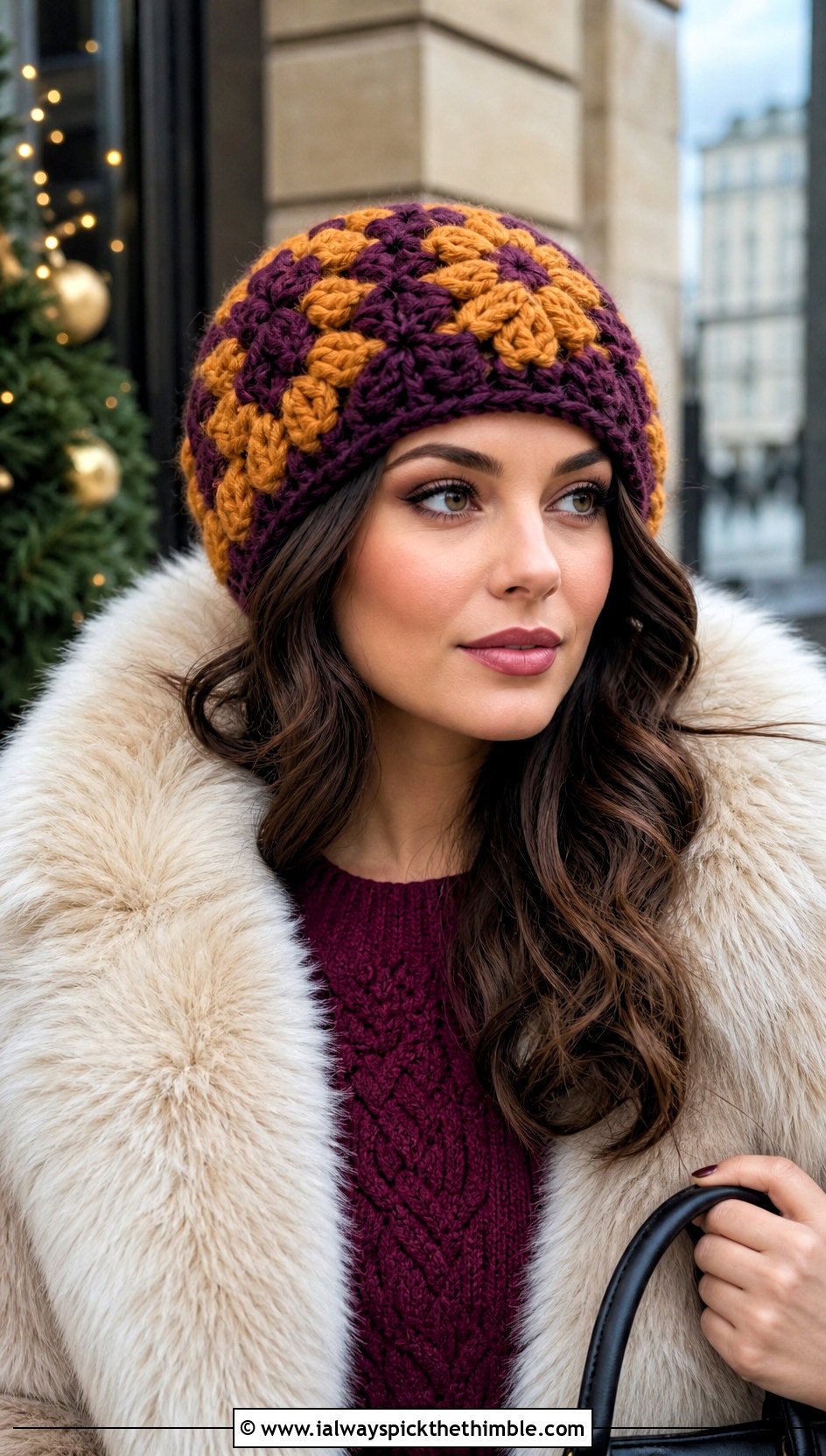 Chunky Granny Square Beanie With Knit Dress - 20 granny square beanie outfit ideas