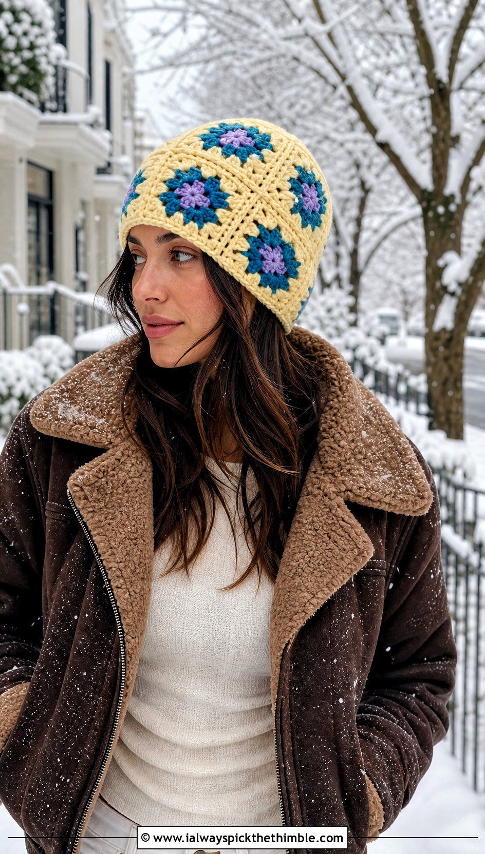 Chunky Granny Square Beanie With Shearling Coat - 25 granny square hats outfit ideas