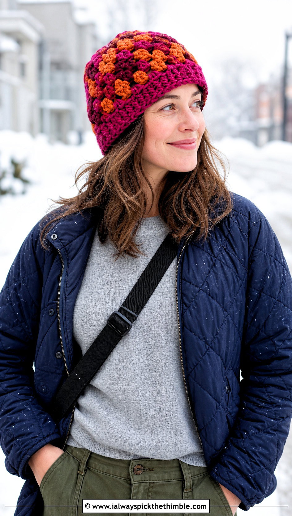 Chunky Granny Square Beanie With Sweater And Cargo Pants - 20 Easy Crochet Granny Square Hats outfit ideas