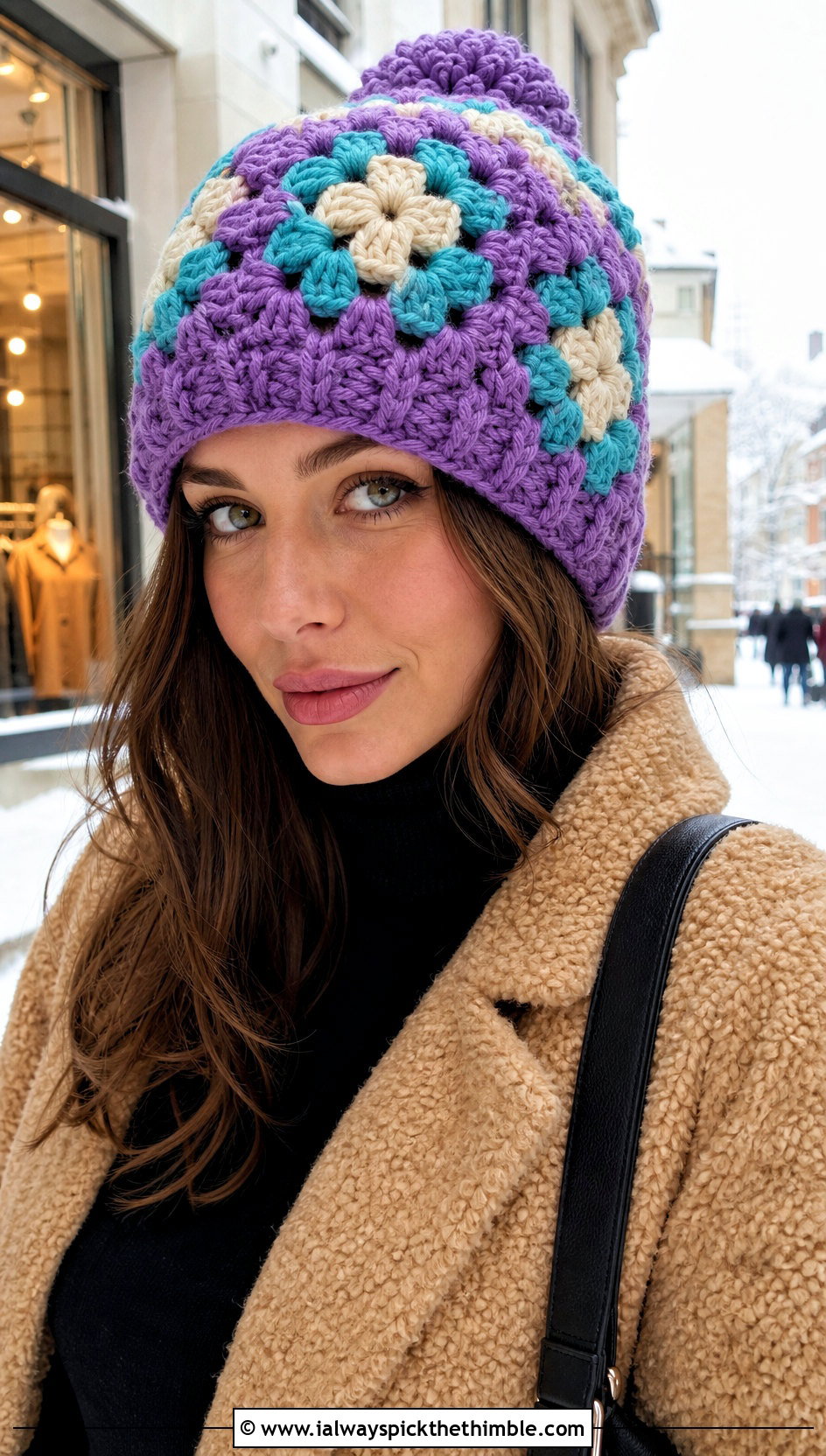 Chunky Granny Square Beanie With Teddy Coat - 25 crochet granny square beanie outfit ideas