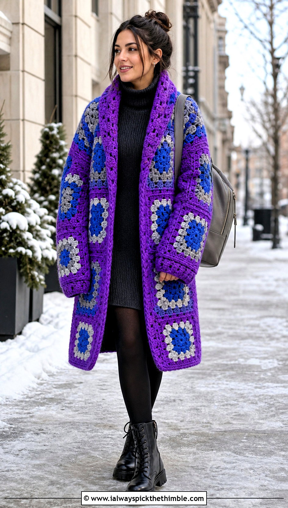 Chunky Granny Square Car Coat With Sweater Dress - 15 Granny Square Car Coat outfit ideas