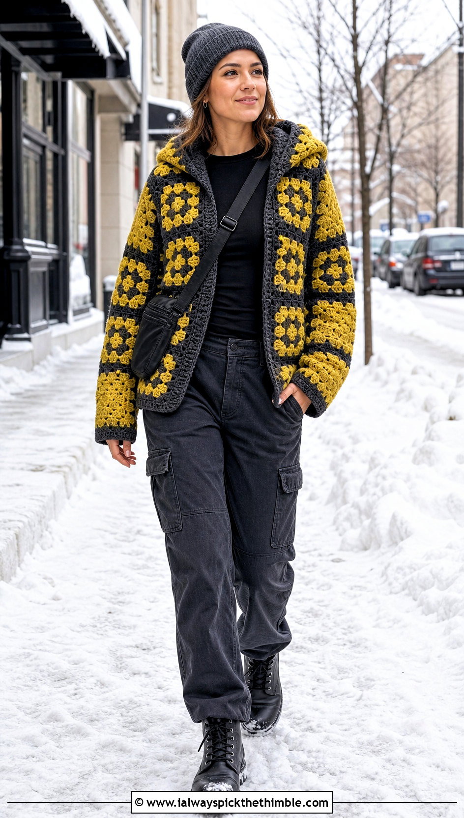 Chunky Granny Square Cardigan With Hood And Winter Cargo Pants - 20 granny square cardigan with hood outfit ideas