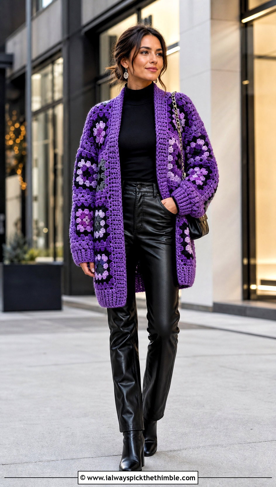 Chunky Granny Square Cardigan With Leather Pants - 20 Oversized Granny Square Cardigan outfit ideas