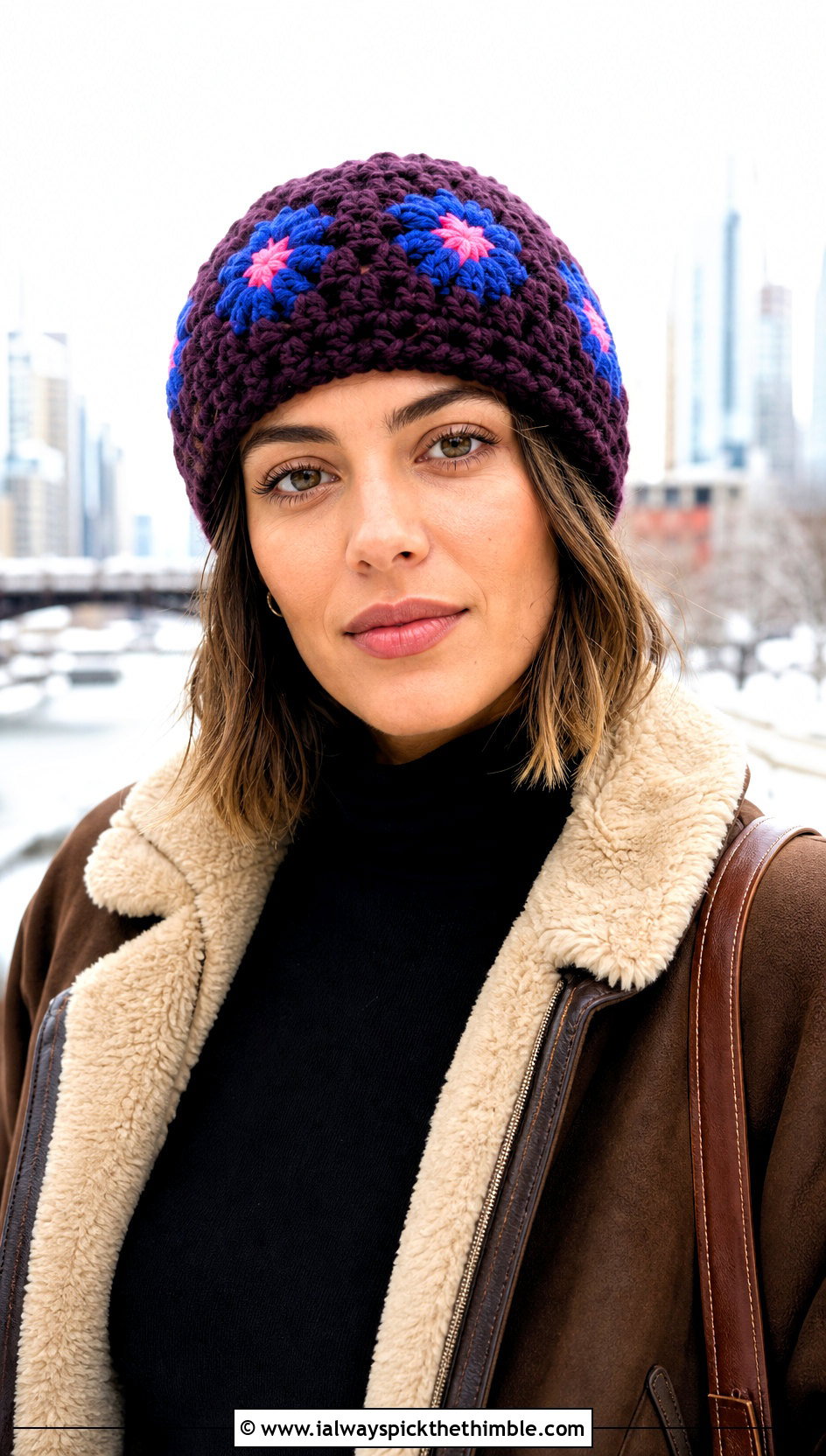 Chunky Granny Square Crochet Beanie With Shearling Jacket - 20 granny square crochet beanie outfit ideas