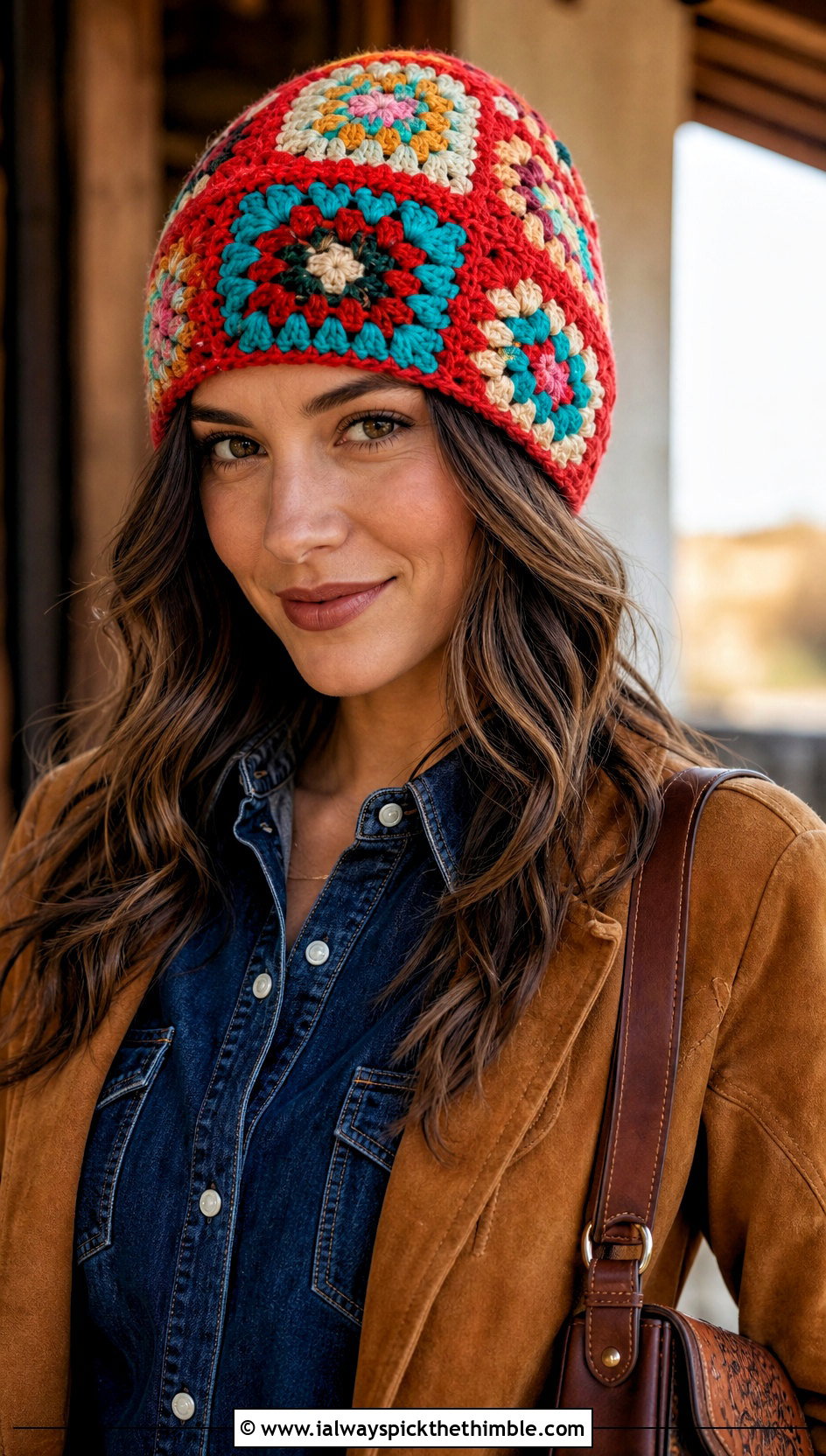 Chunky Granny Square Crochet Beanie With Western Denim - 25 chunky crochet beanie outfit ideas