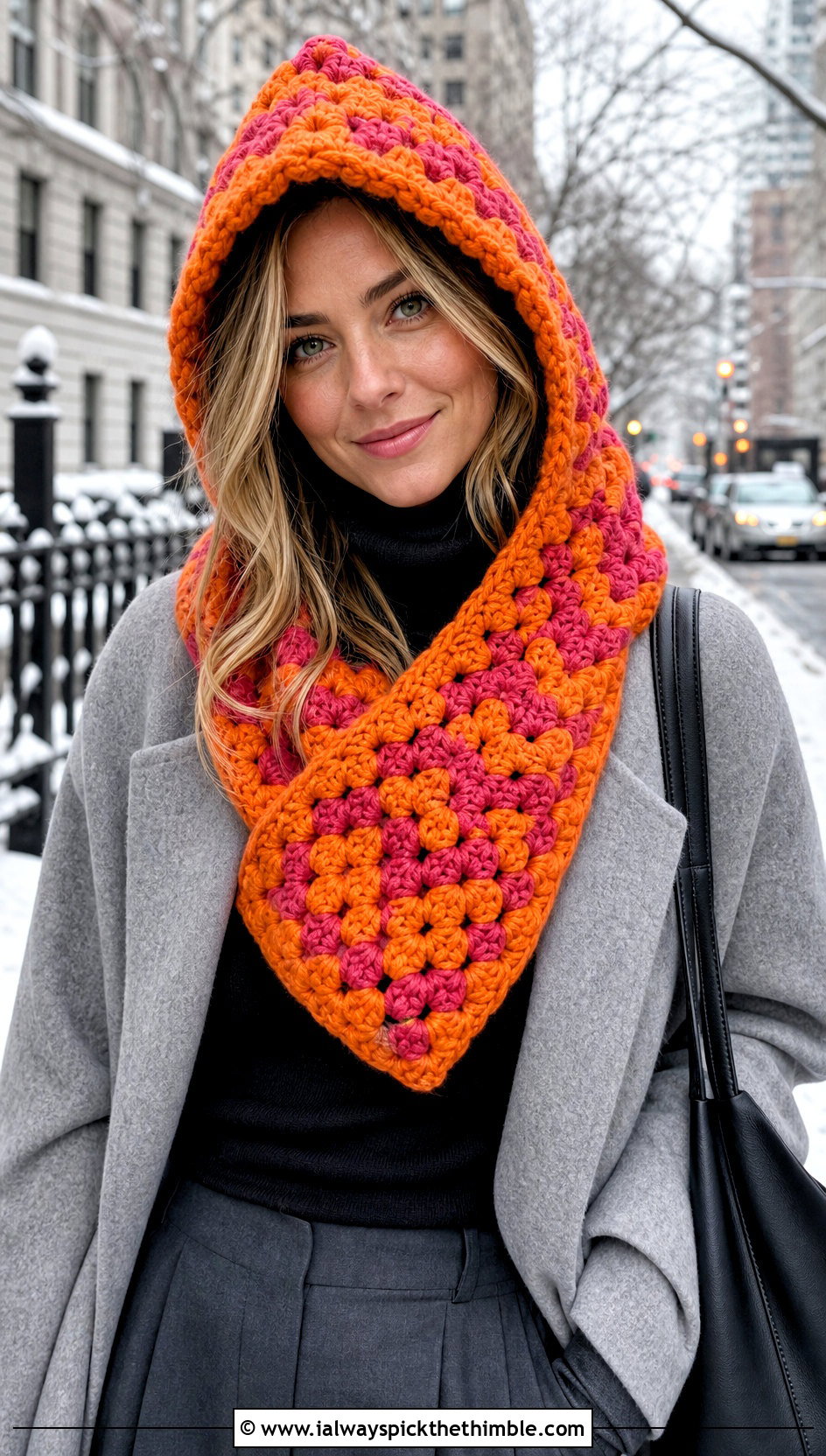 Chunky Granny Square Crochet Hooded Scarf With Wool Coat - 20 Granny Square Crochet Hooded Scarf outfit ideas