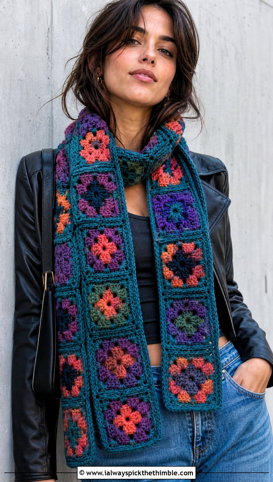 Chunky Granny Square Crochet Scarf With Leather Jacket - 15 Crochet Scarves Chunky Yarn outfit ideas