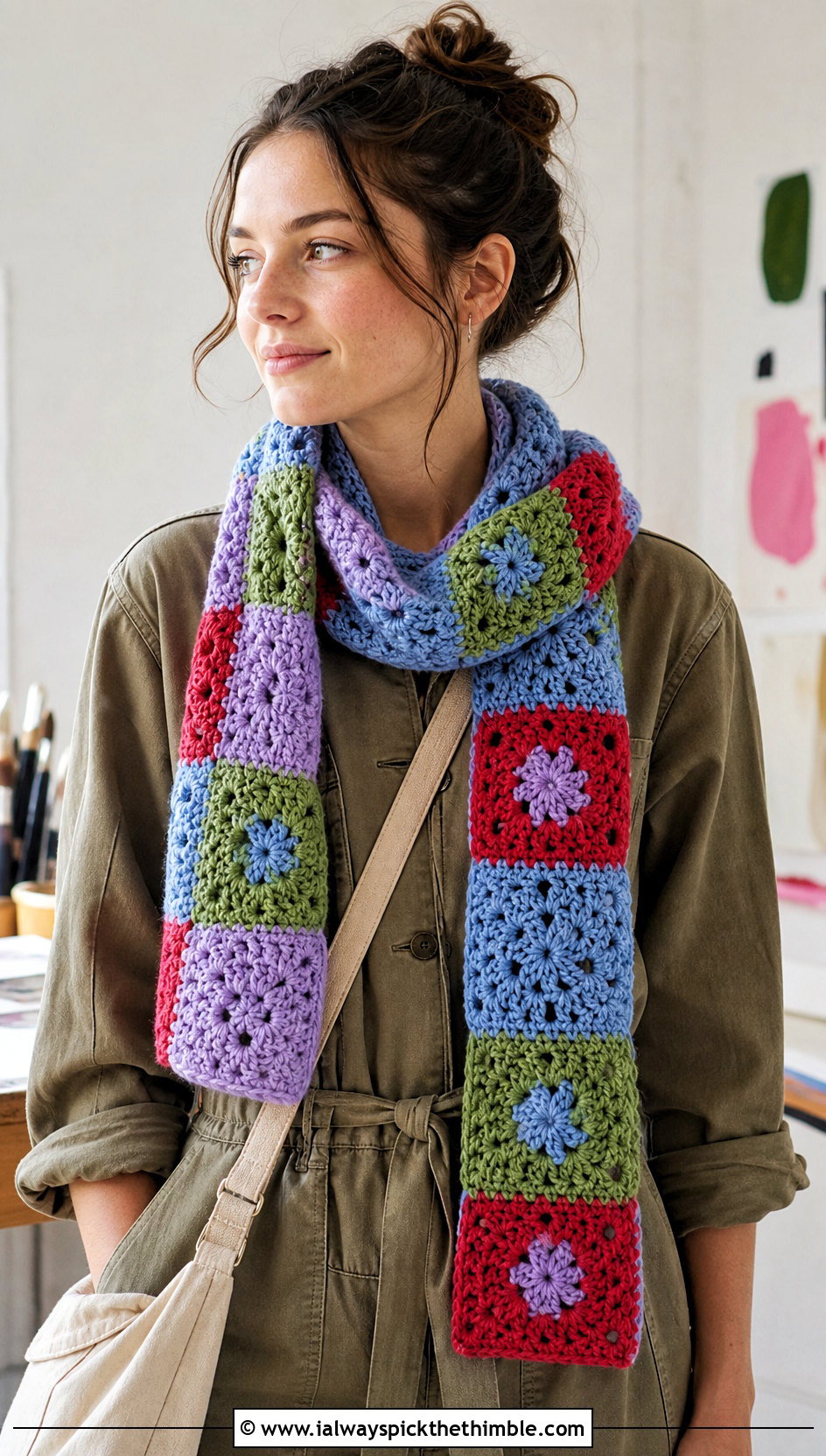 Chunky Granny Square Crochet Scarf With Utility Jumpsuit - 20 Chunky Yarn Crochet Scarf outfit ideas