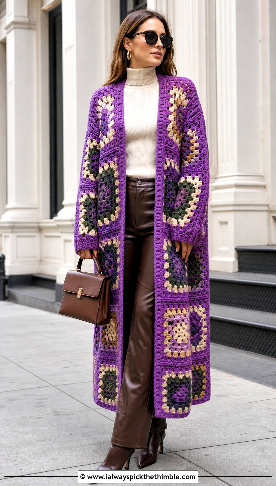 Chunky Granny Square Duster With Leather Pants - 20 Crochet Granny Square Duster outfit ideas