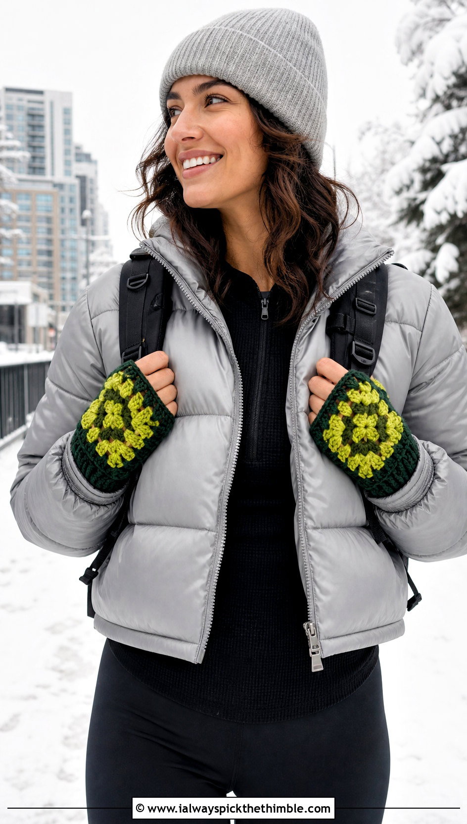 Chunky Granny Square Fingerless Gloves With Puffer Jacket - 20 crochet granny square fingerless gloves outfit ideas