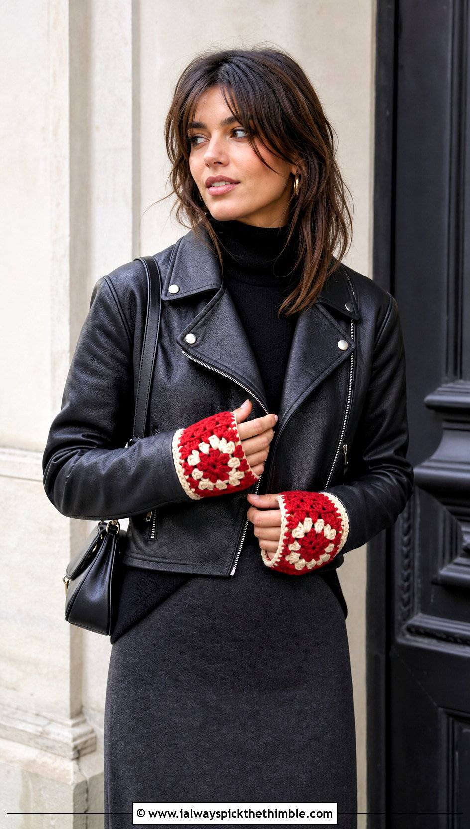 Chunky Granny Square Gloves With Leather Jacket - 20 Chunky Crochet Gloves outfit ideas