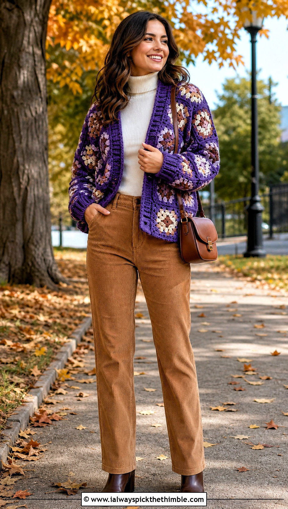 Chunky Granny Square Hexagon Cardigan With Corduroy Pants - 25 granny square hexagon cardigan outfit ideas