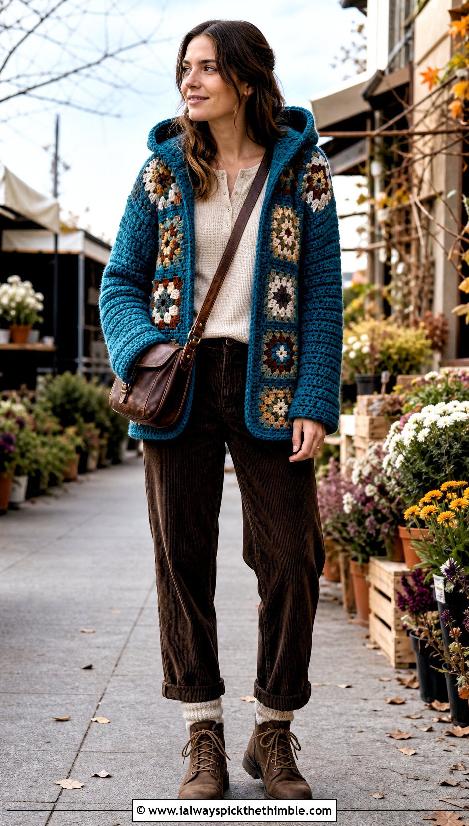 Chunky Granny Square Hooded Jacket With Corduroy Pants - 20 Granny Square Hooded Jacket outfit ideas