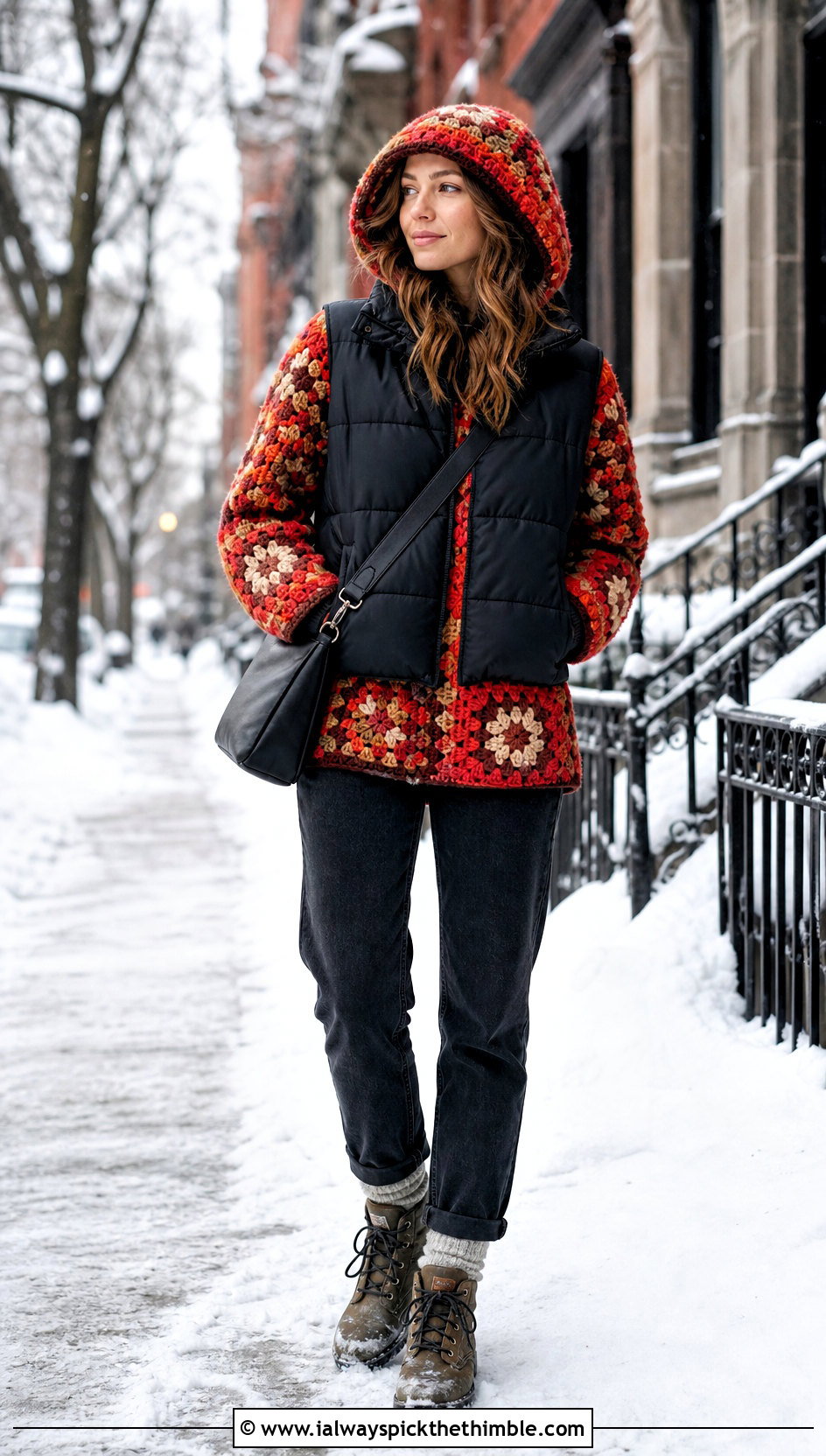 Chunky Granny Square Hoodie With Puffer Vest - 25 granny square hoodie outfit ideas