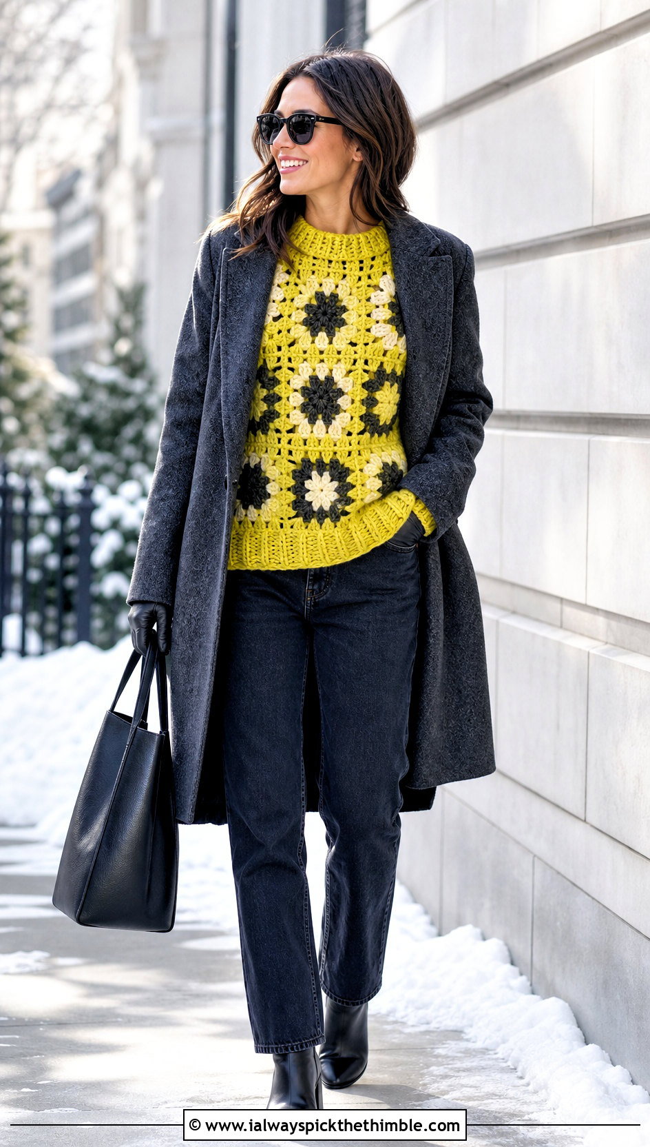 Chunky Granny Square Jumper With Wool Coat - 25 crochet granny square jumper outfit ideas