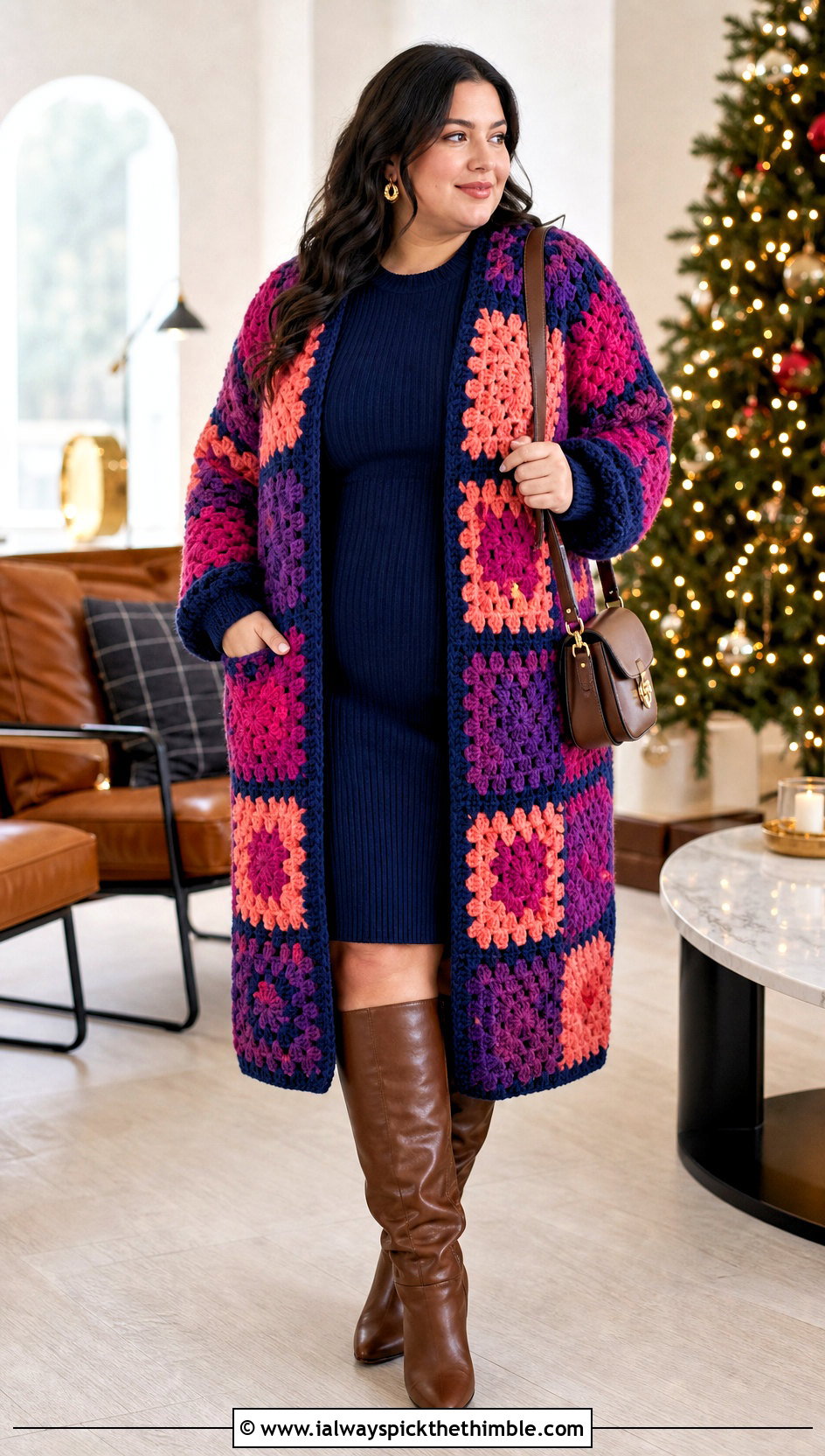 Chunky Granny Square Long Cardigan With Sweater Dress - 20 crochet granny square long cardigan outfit ideas