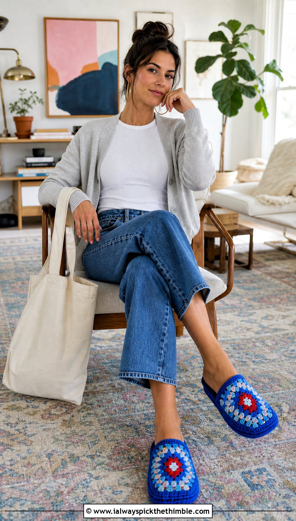 Chunky Granny Square Mule Slippers With Wide Leg Jeans - 20 chunky crochet slippers outfit ideas