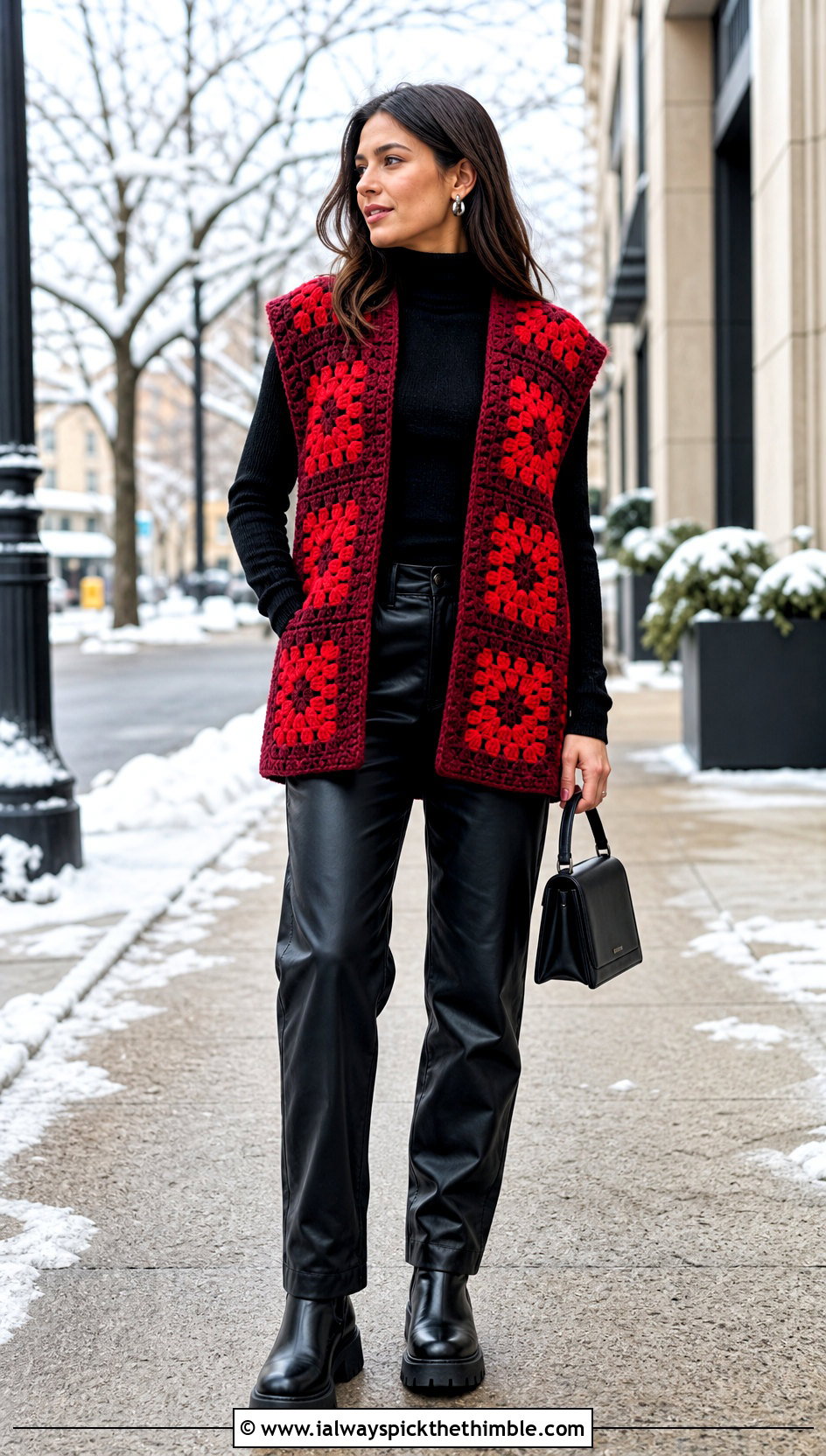 Chunky Granny Square Open Vest With Turtleneck And Leather Pants - 20 granny square open vest outfit ideas