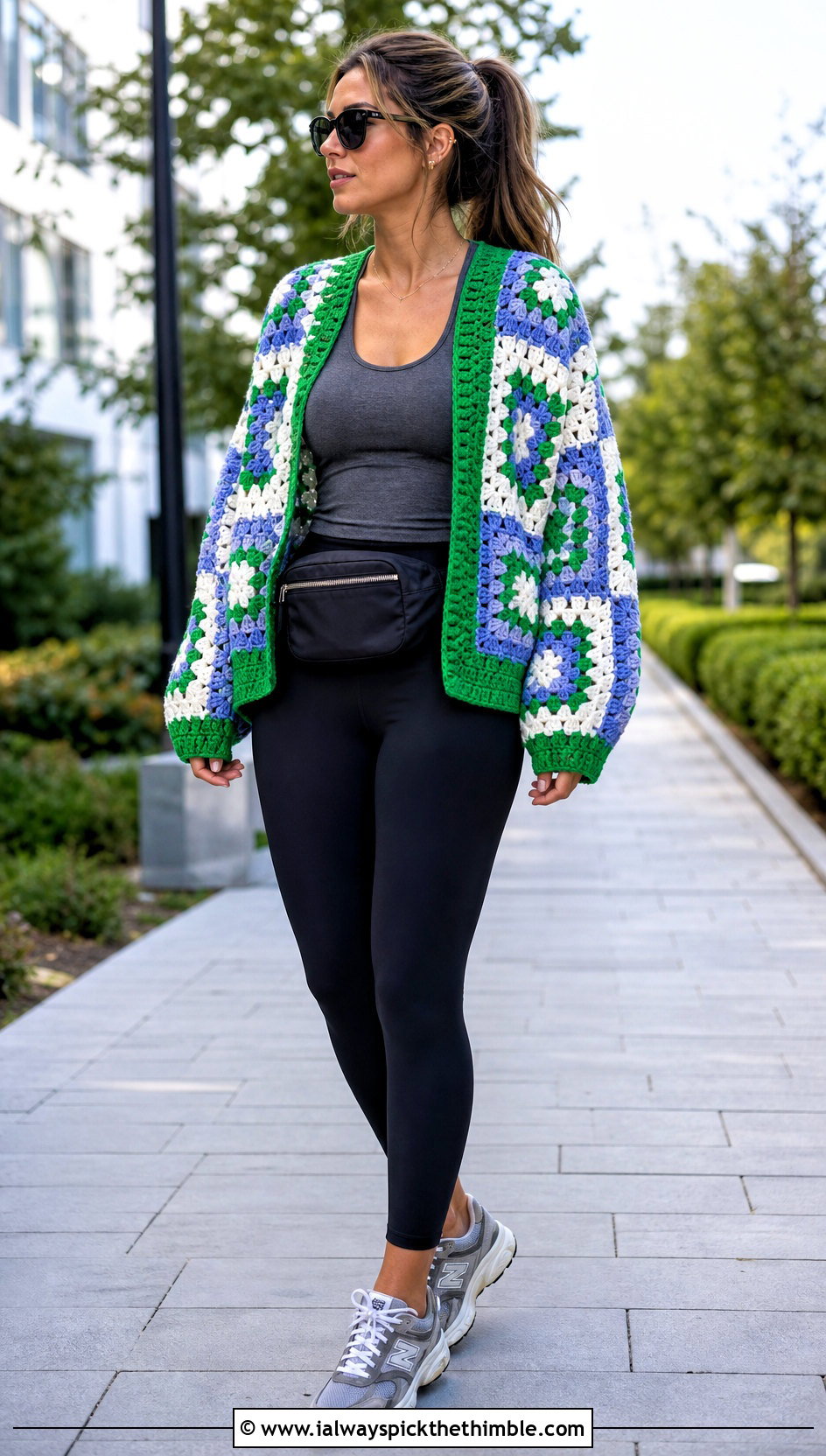 Chunky Granny Square Patchwork Cardigan With Leggings And Sneakers - 20 Granny Square Patchwork Cardigan outfit ideas