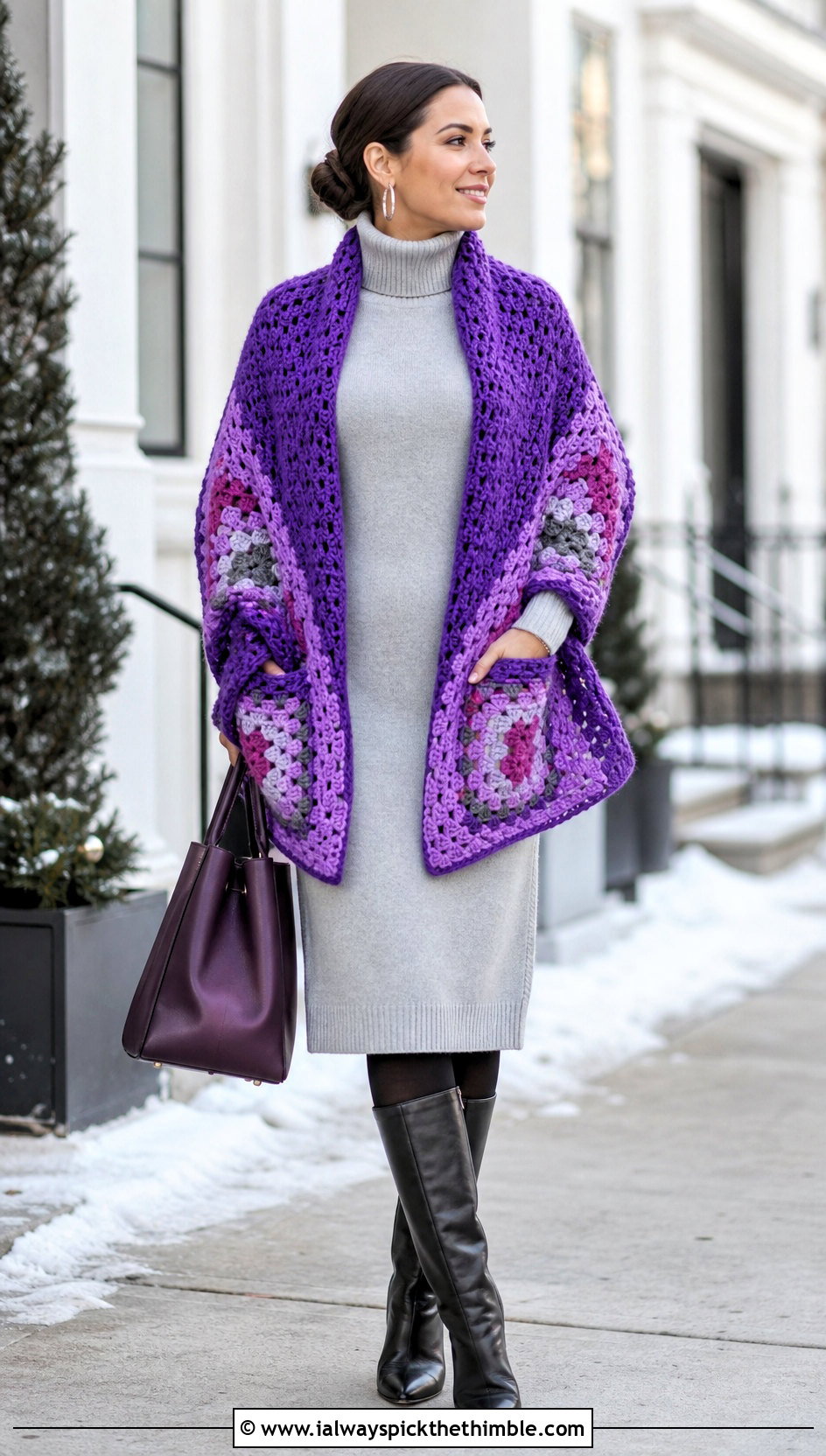Chunky Granny Square Pocket Shawl With Sweater Dress - 20 Granny Square Pocket Shawl outfit ideas