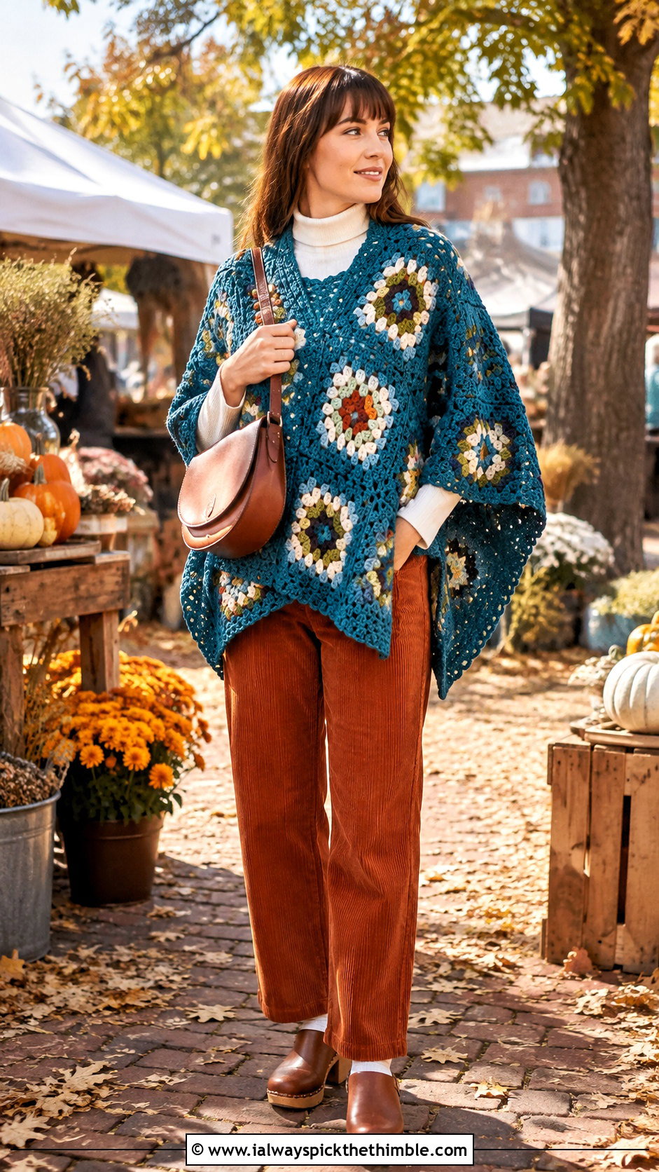 Chunky Granny Square Poncho With Corduroy Pants - 25 granny square poncho outfit ideas