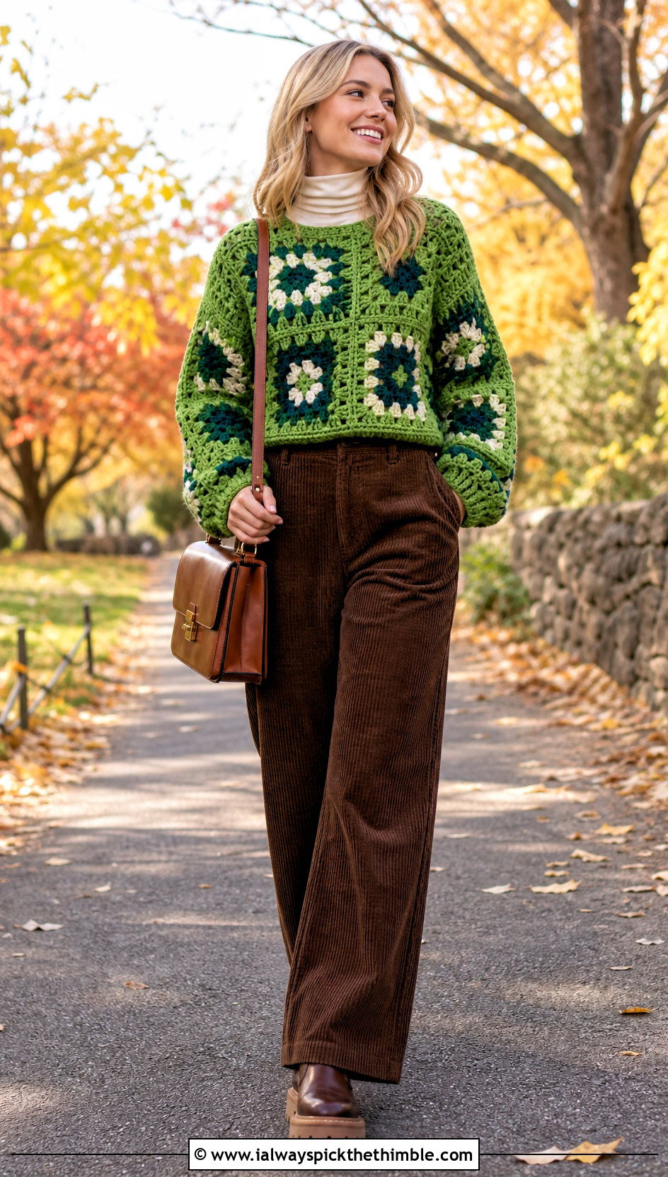 Chunky Granny Square Pullover With Corduroy Pants - 25 granny square pullover outfit ideas