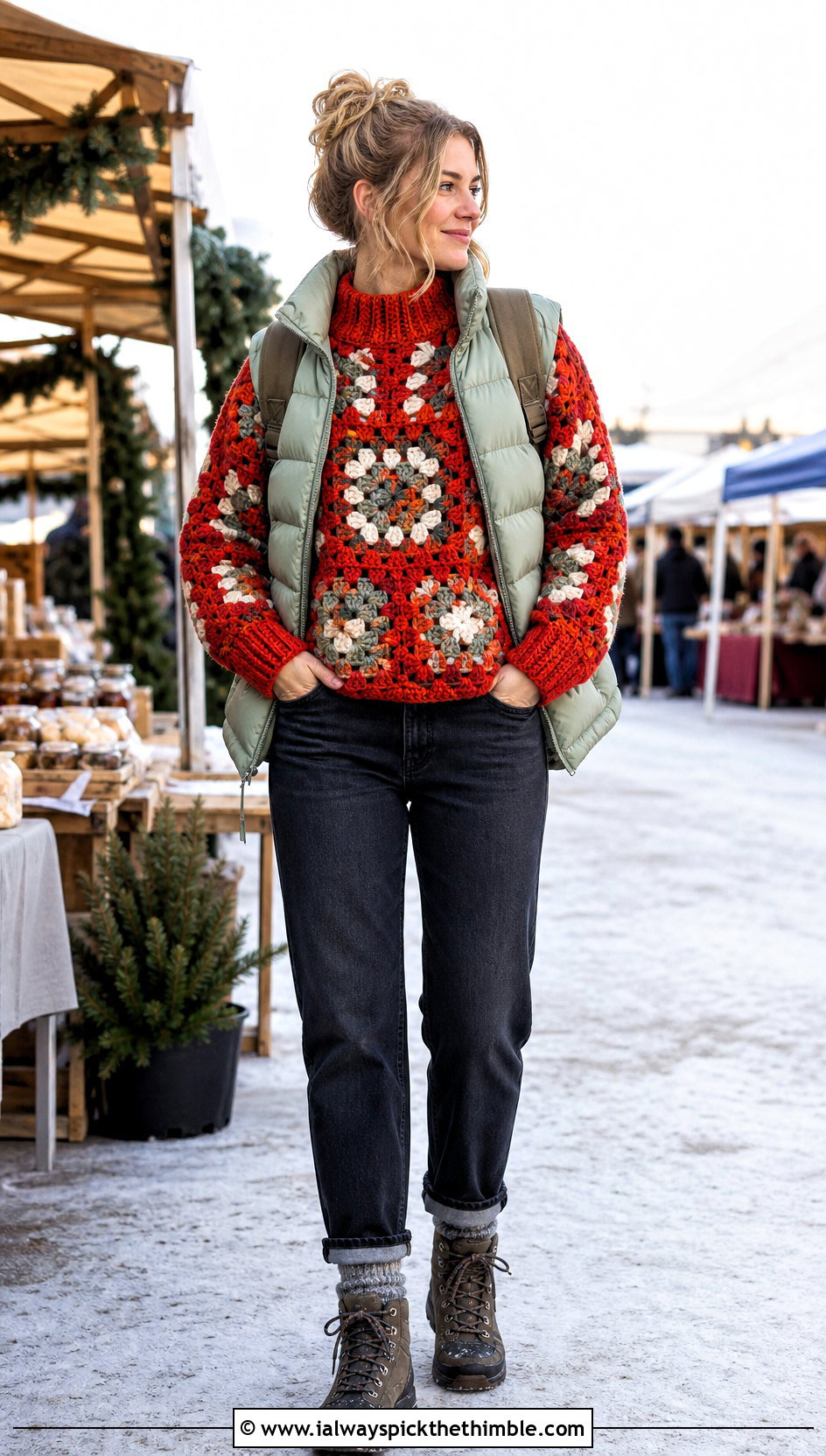 Chunky Granny Square Pullover With Puffer Vest And Jeans - 25 crochet granny square pullover outfit ideas