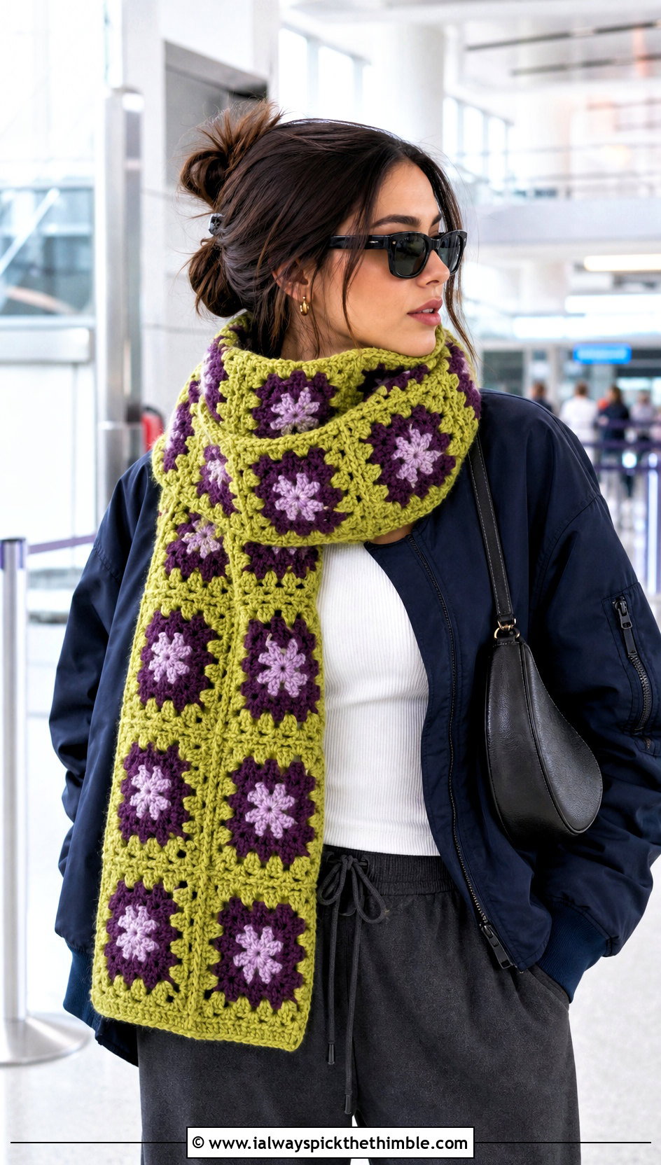 Chunky Granny Square Scarf With Bomber Jacket And Joggers - 25 granny crochet scarf outfit ideas