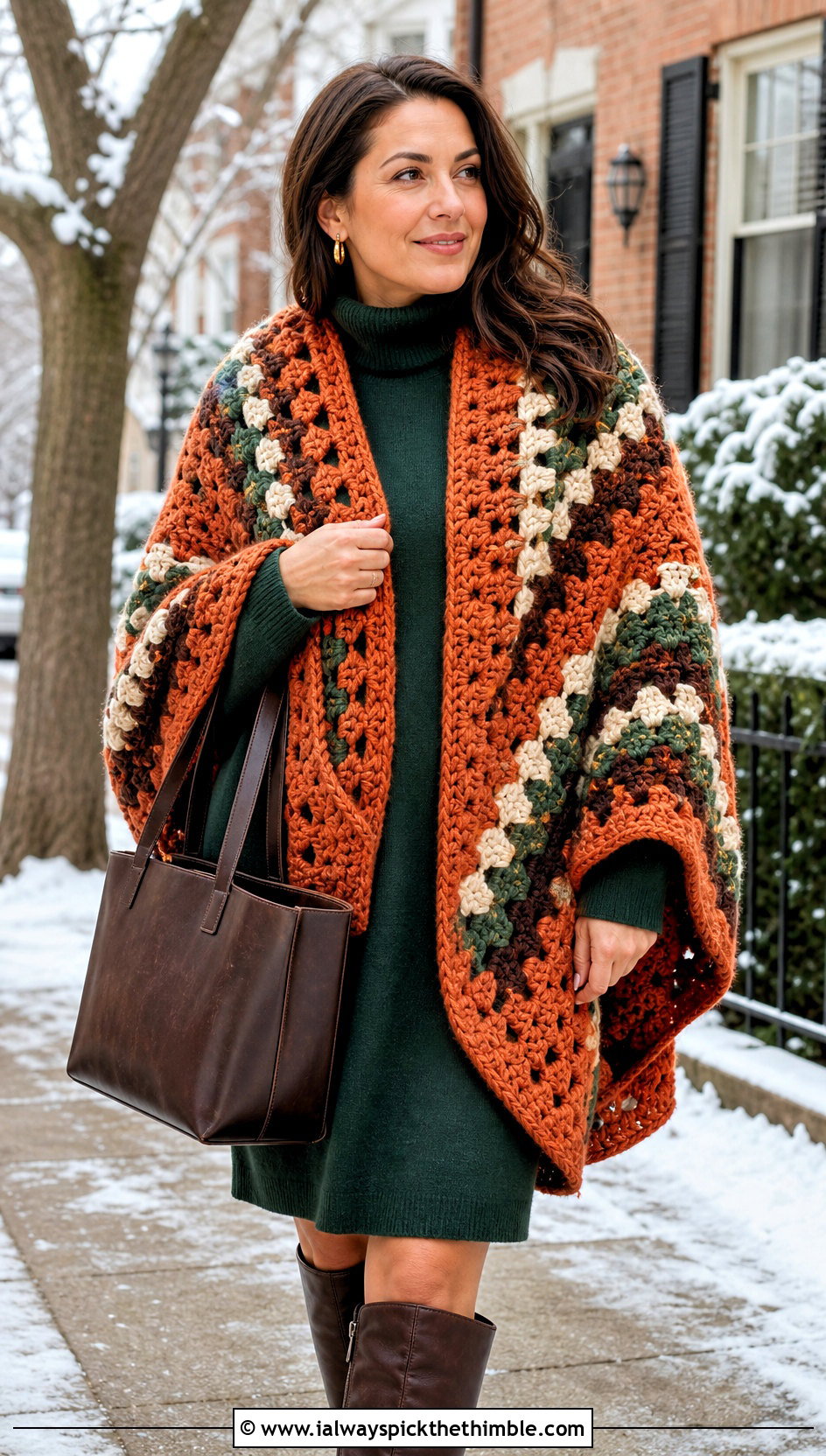 Chunky Granny Square Shawl With Sweater Dress - 25 granny square shawl outfit ideas