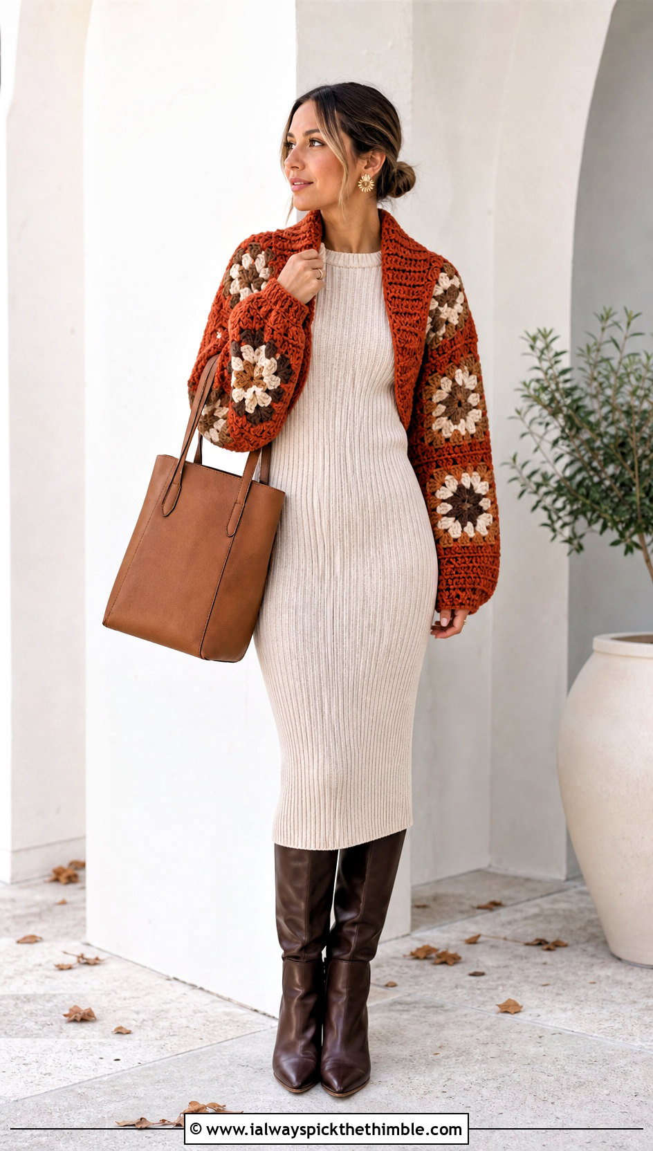 Chunky Granny Square Shrug With Knit Dress And Boots - 20 Crochet Granny Shrug outfit ideas