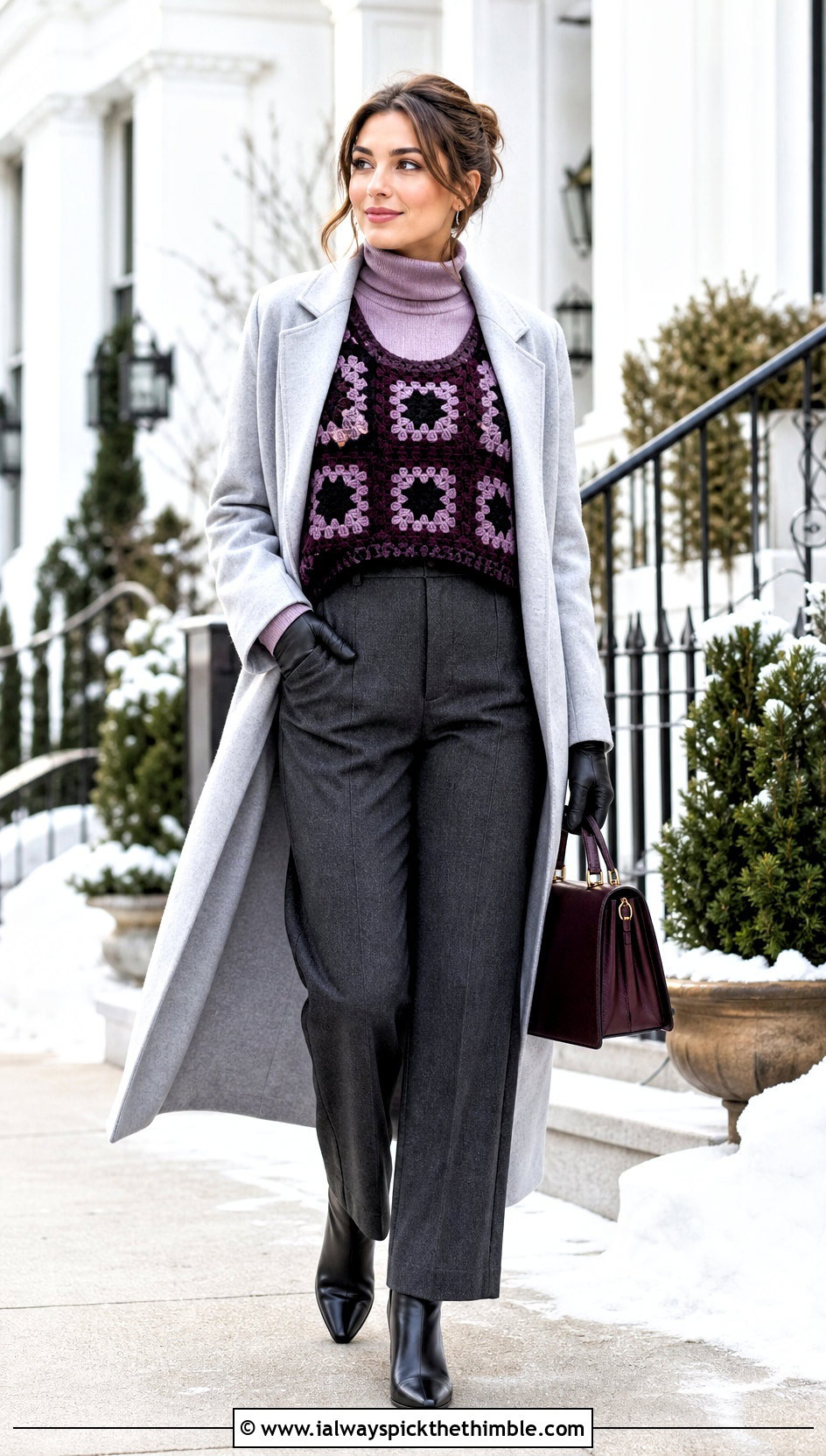 Chunky Granny Square Sweater Vest With Turtleneck And Wool Trousers - 15 Crochet Granny Square Sweater Vest outfit ideas