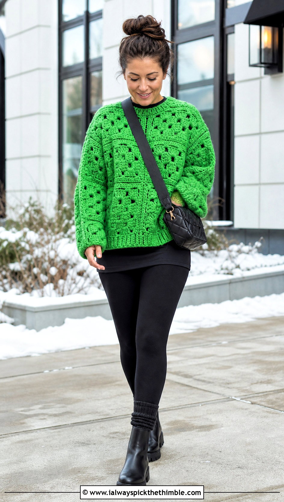 Chunky Granny Square Sweater With Black Leggings - 20 oversized granny square sweater outfit ideas