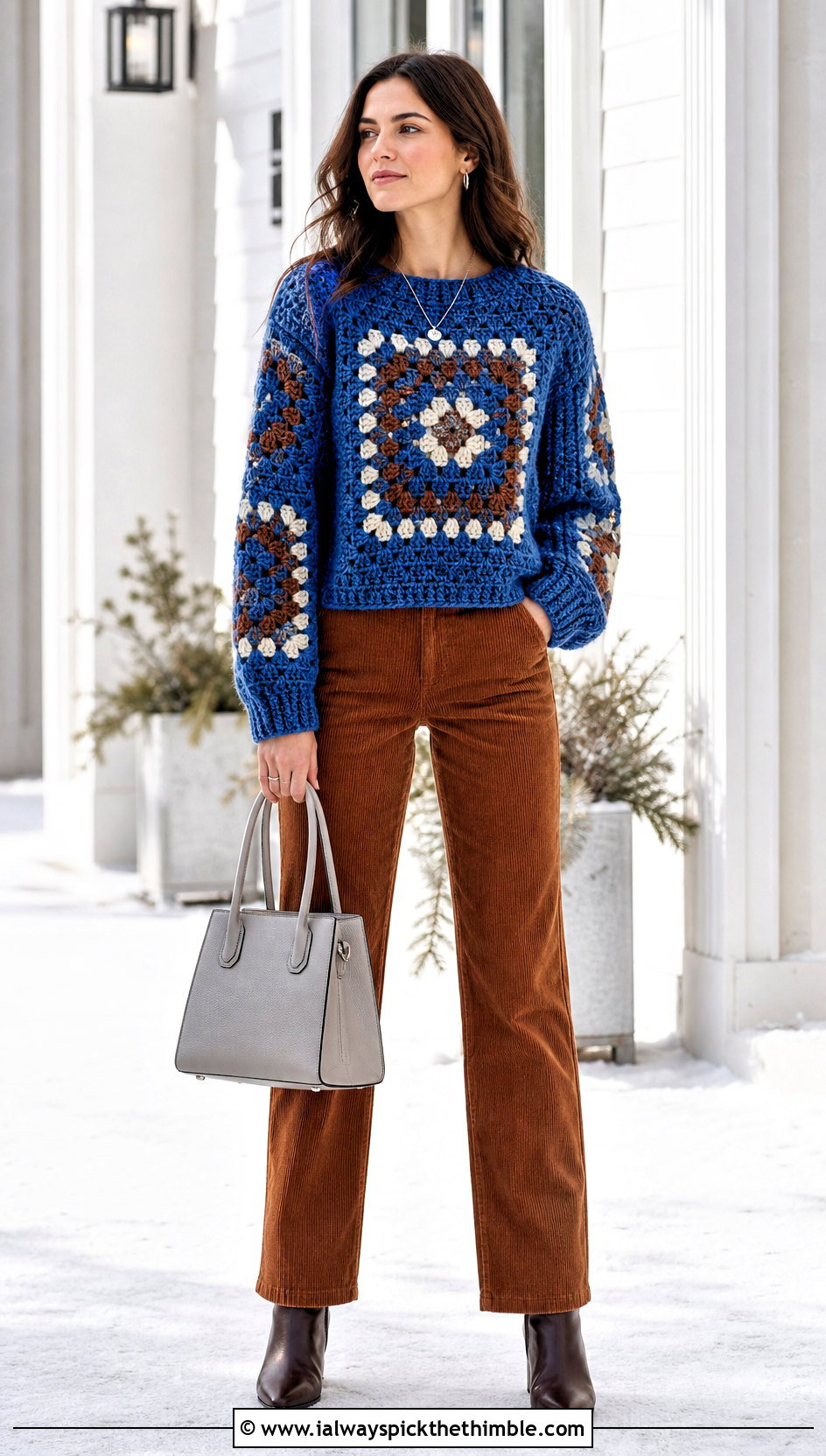 Chunky Granny Square Sweater With Corduroy Pants - 25 crochet granny square sweater outfit ideas