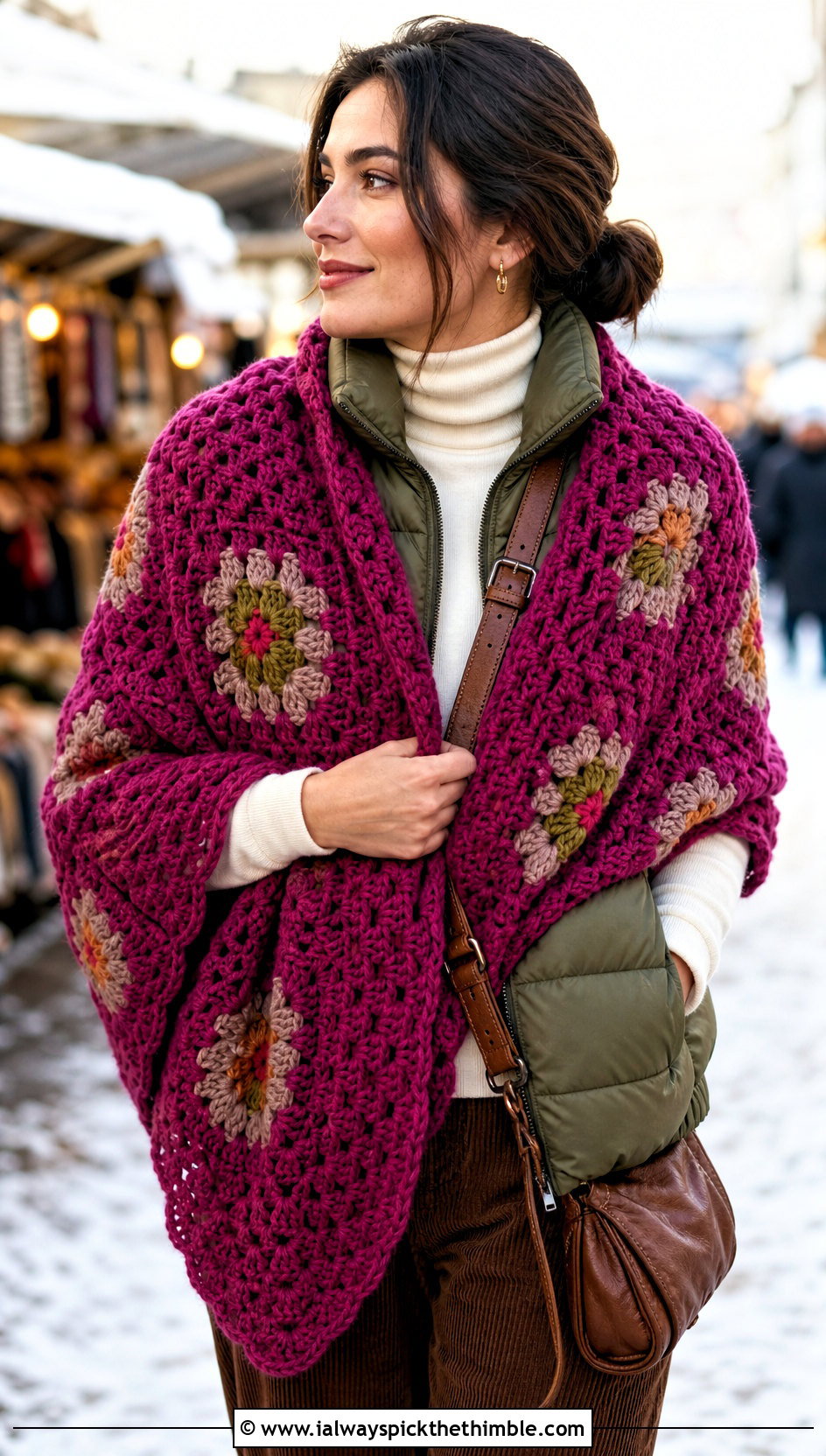 Chunky Granny Square Triangle Shawl With Puffer Vest And Corduroy Pants - 20 granny square triangle shawl outfit ideas
