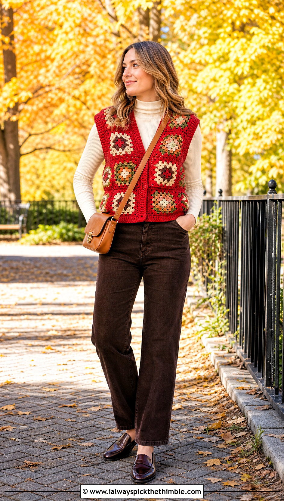 Chunky Granny Square Vest With A Turtleneck And Corduroy Pants - 15 Crochet Granny Square Vest outfit ideas