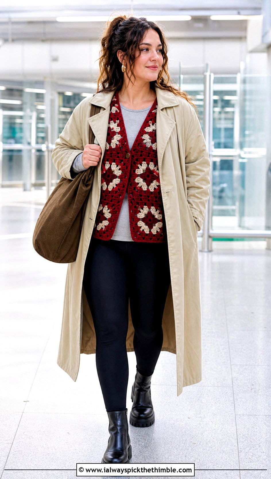 Chunky Granny Square Vest With Leggings And Trench Coat - 25 granny square vest outfit ideas