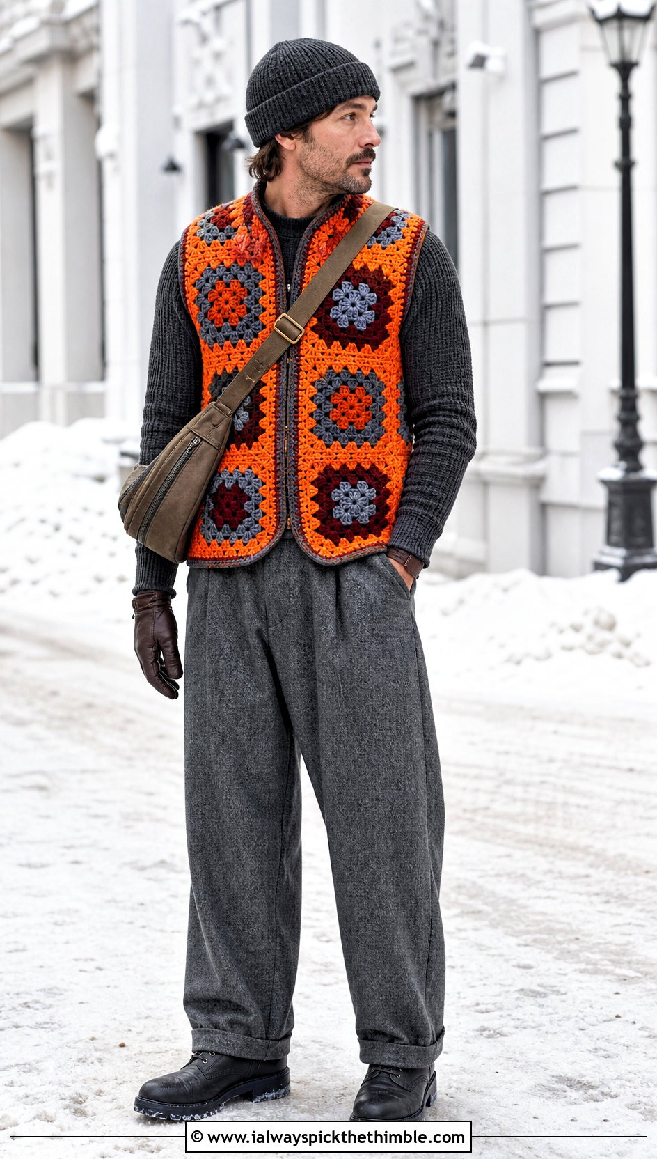 Chunky Granny Square Vest With Thermal Top And Wool Trousers - 20 crochet granny square mens vest outfit ideas