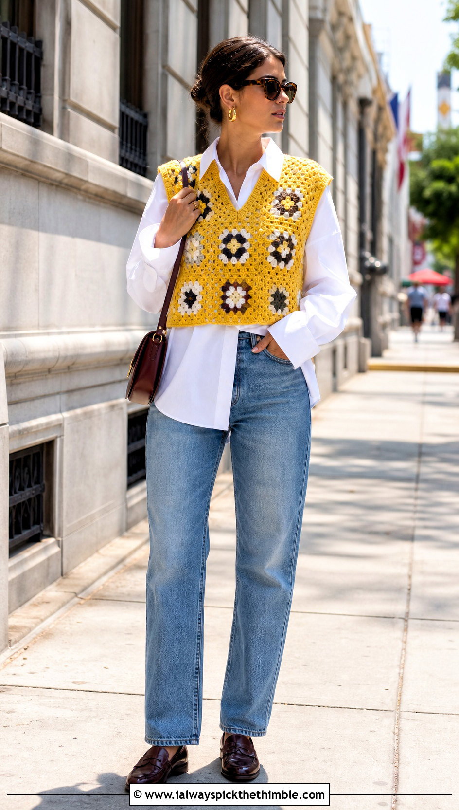 Chunky Granny Square Vest With White Shirt And Jeans - 15 Chunky Crochet Top outfit ideas