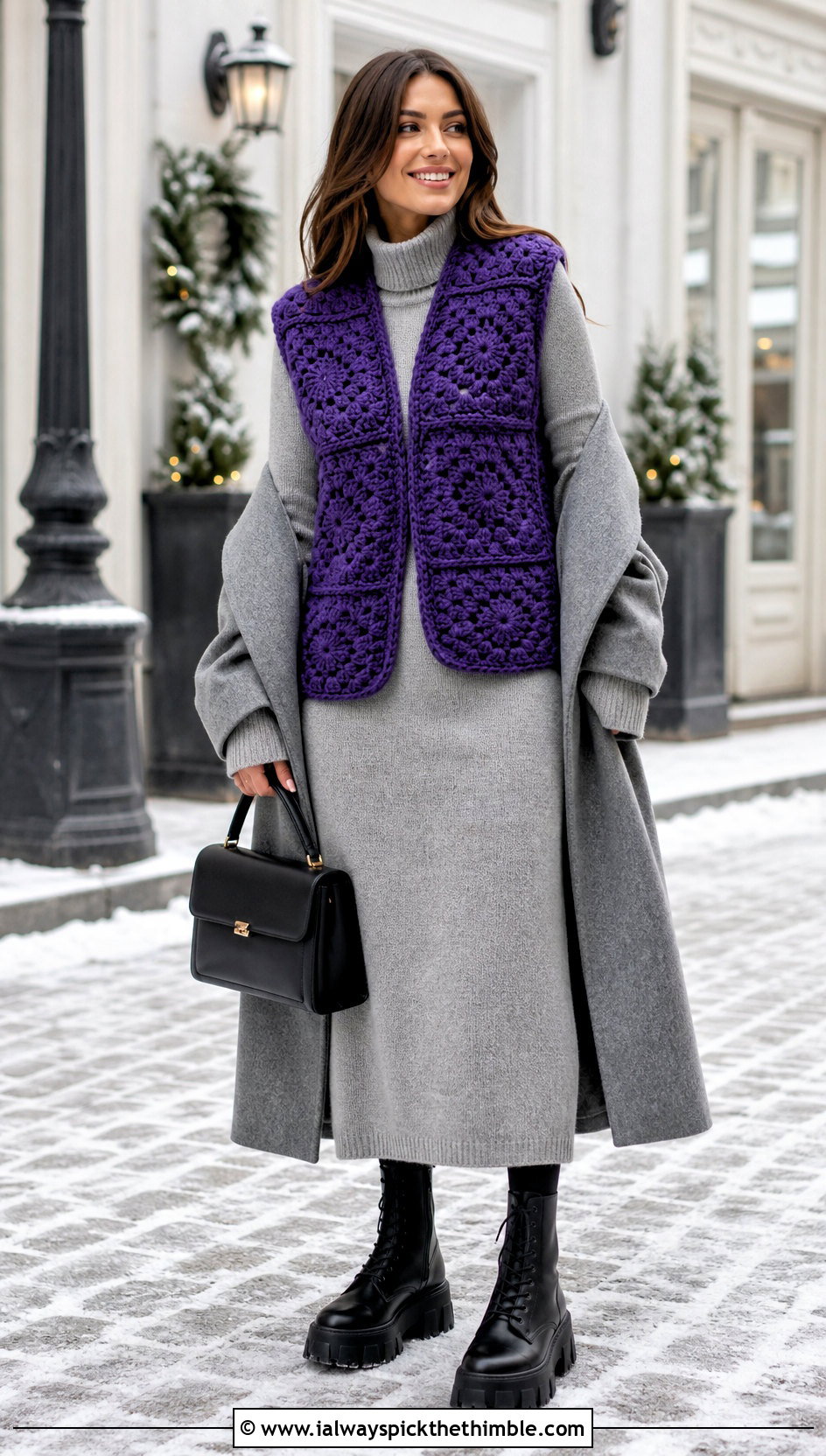 Chunky Granny Square Vest With a Knit Midi Dress - 20 Granny Squares Vest outfit ideas