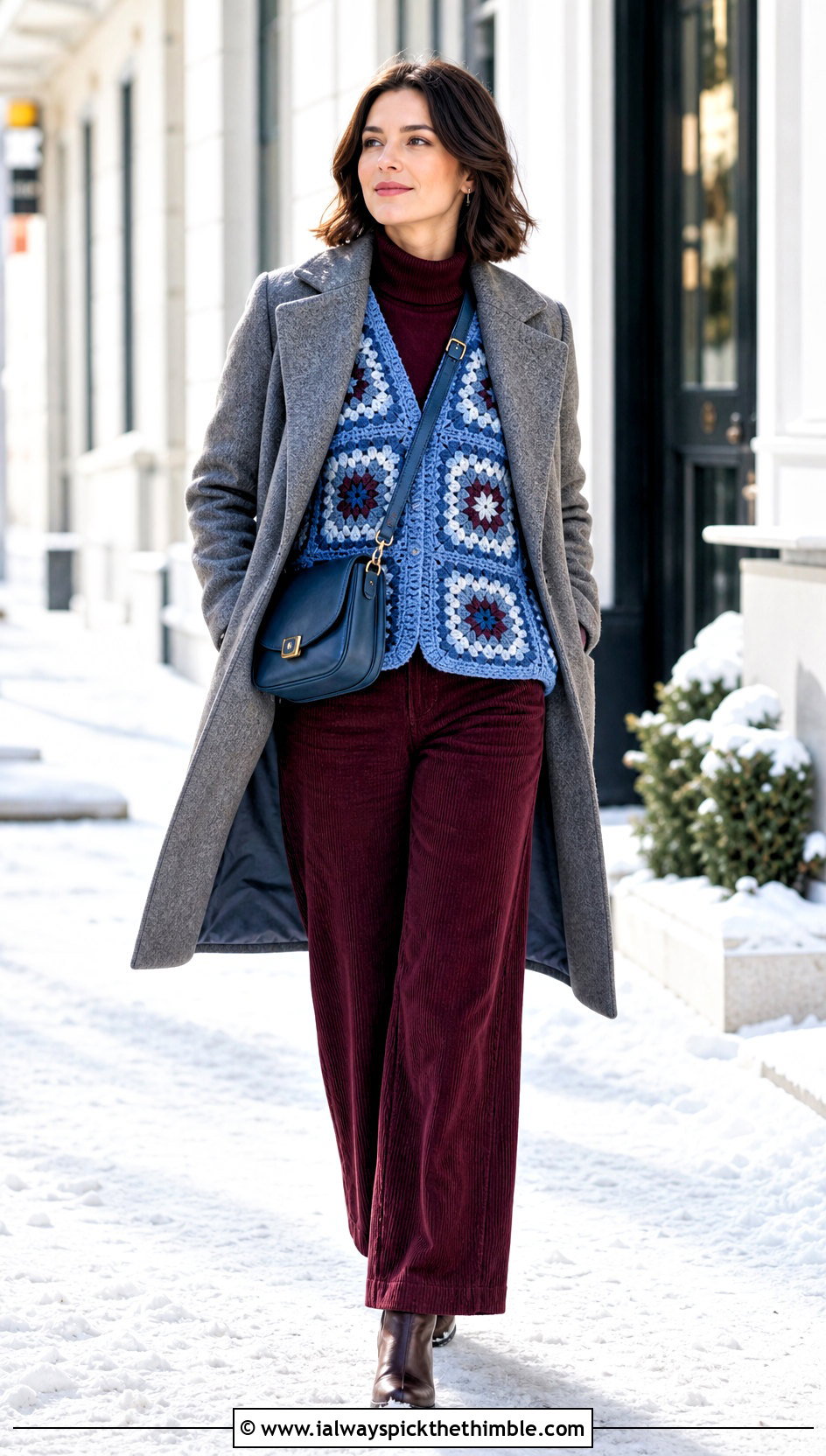 Chunky Granny Square Waistcoat With Corduroy Trousers - 20 crochet granny square waistcoat outfit ideas