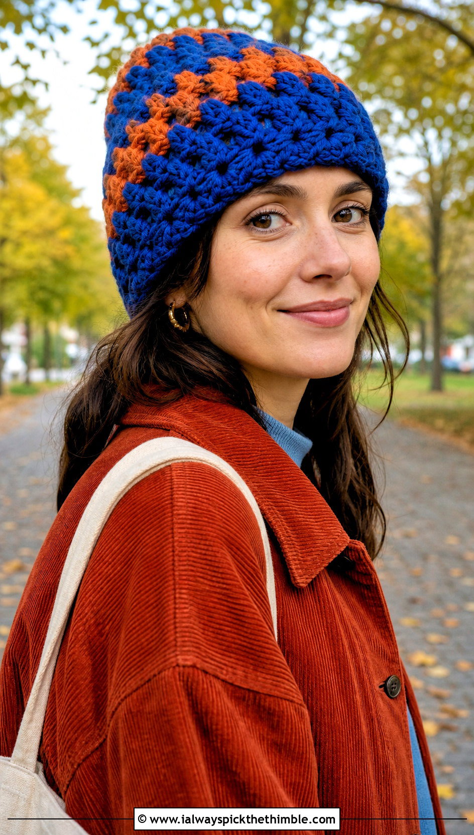Chunky Granny Stitch Beanie With Corduroy Jacket - 20 granny stitch crochet hat outfit ideas