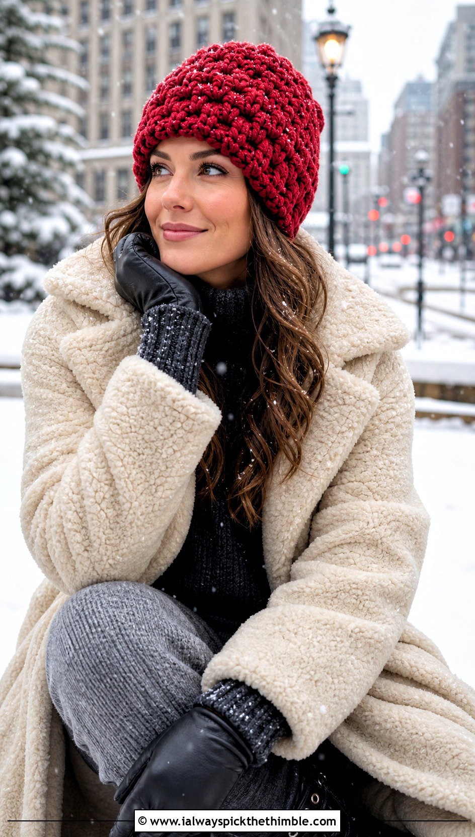 Chunky Granny Stitch Beanie With Shearling Coat And Knit Pants - 20 crochet granny stitch hat outfit ideas