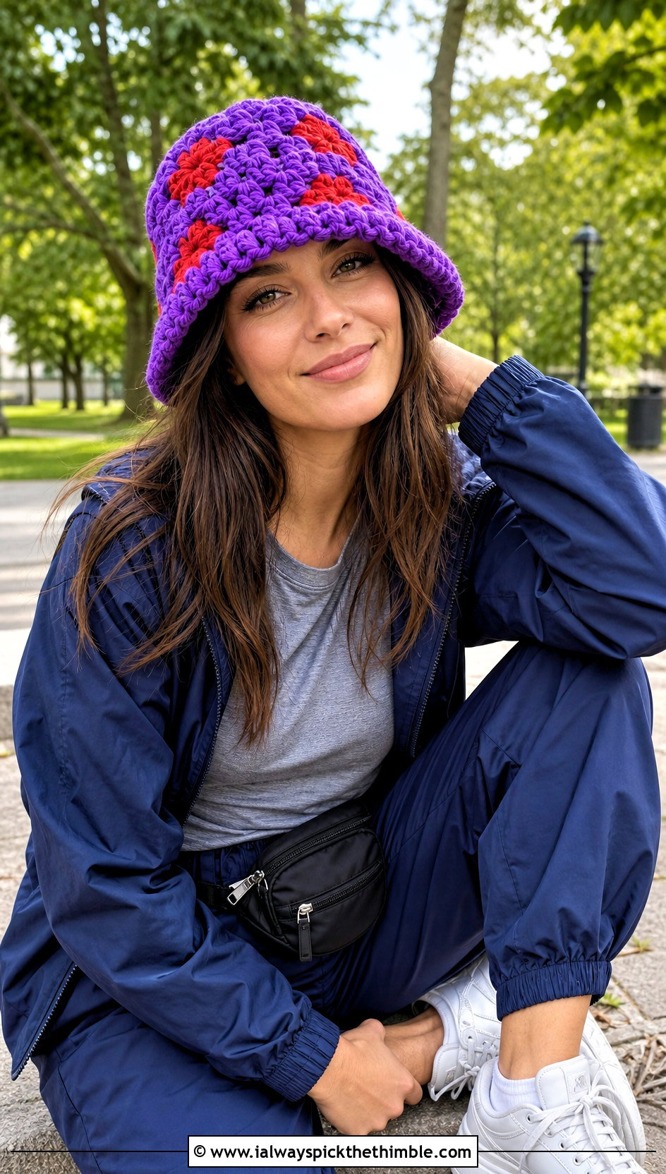 Chunky Granny Stitch Bucket Hat With Track Pants - 20 granny crochet bucket hat outfit ideas